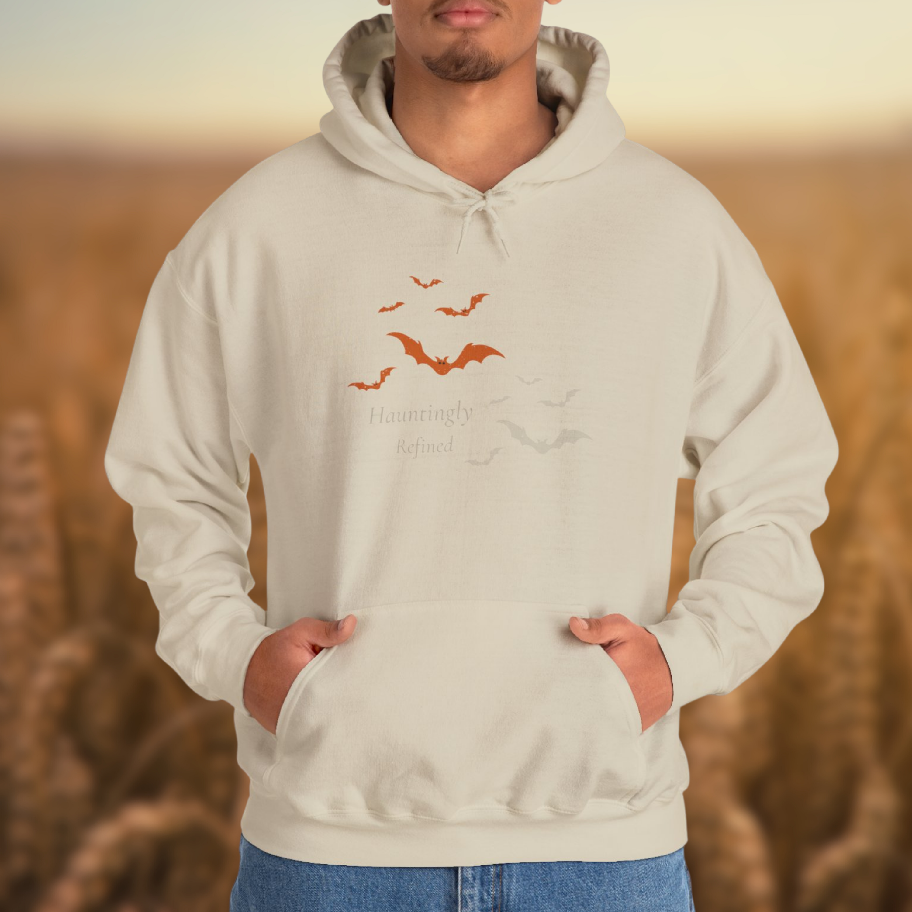 Hauntingly Refined Bats Hoodie, Distressed Rust Orange Gothic Halloween Unisex Cozy Pullover product thumbnail image