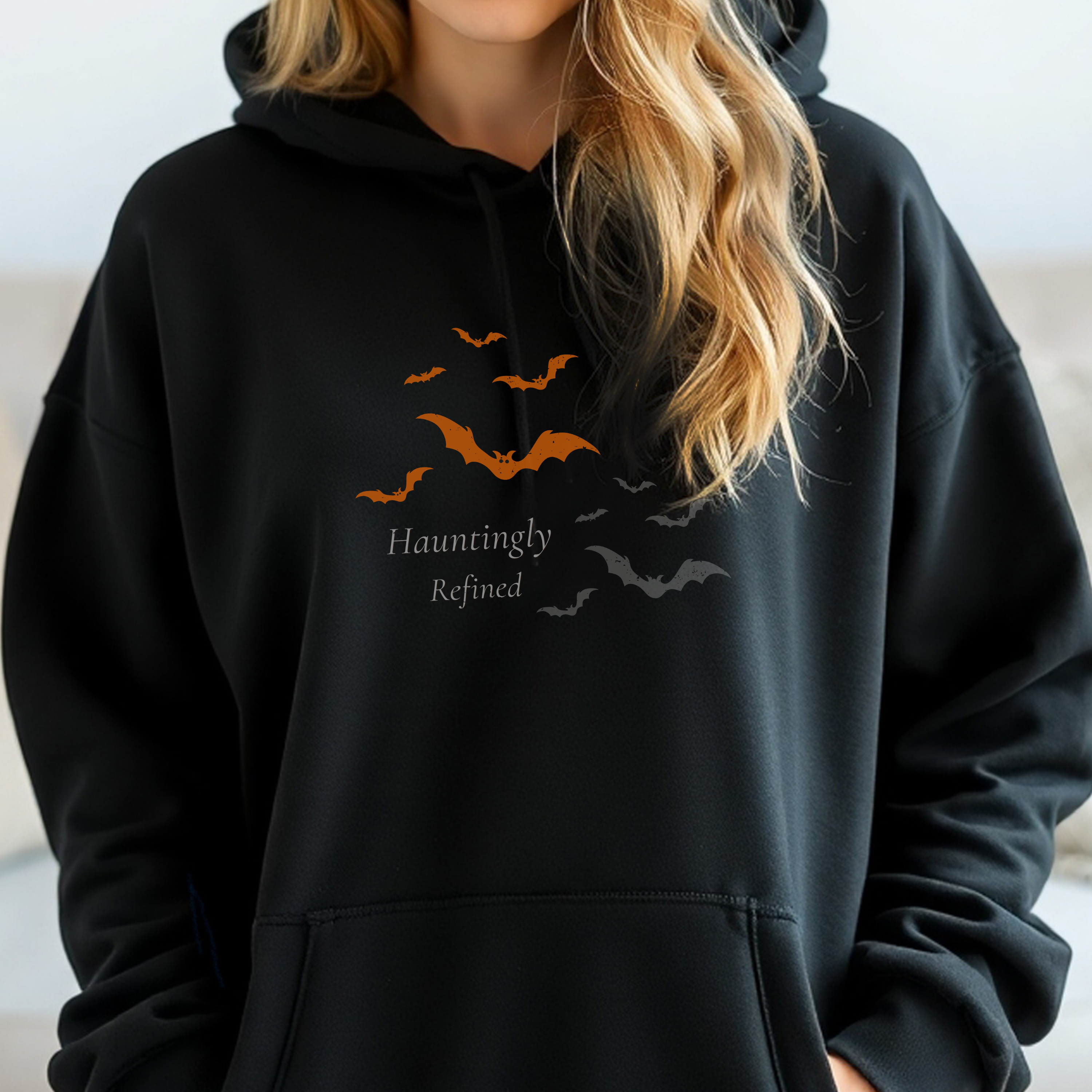 Hauntingly Refined Bats Hoodie, Distressed Rust Orange Gothic Halloween Unisex Cozy Pullover product thumbnail image