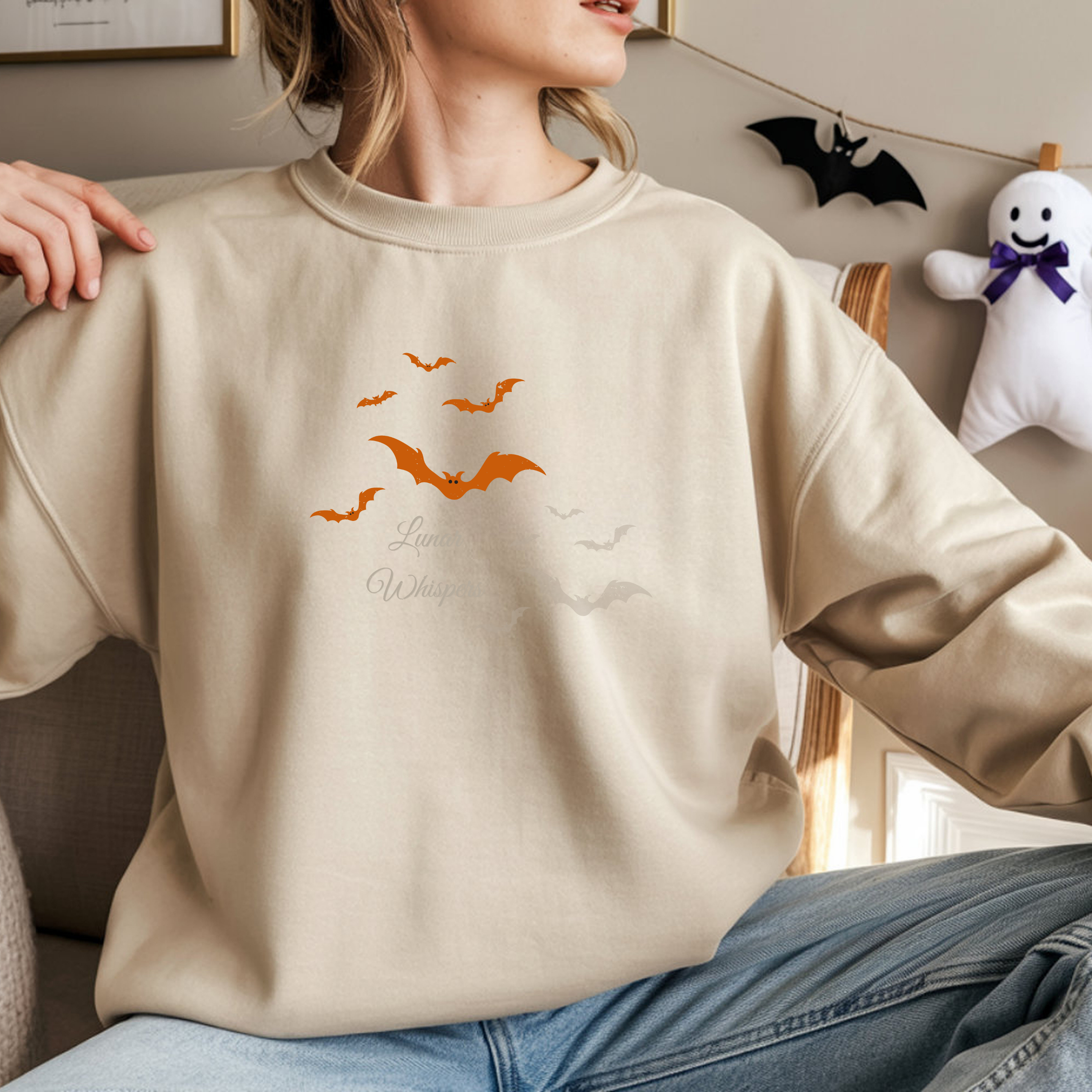 Halloween Sweatshirt Orange Bats Crewneck, Gothic Lunar Whispers Distressed, limited edition 50 per color product thumbnail image