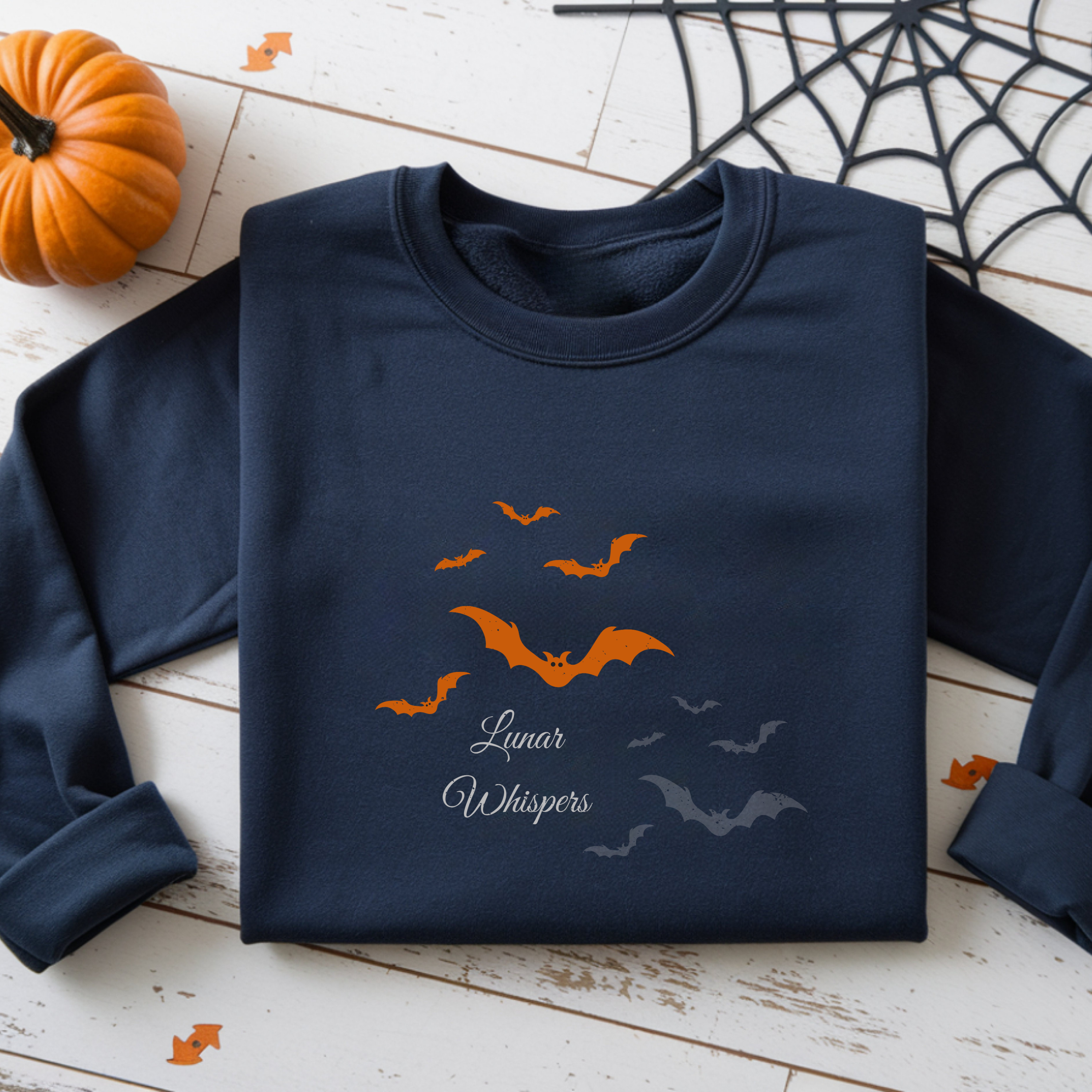 Halloween Sweatshirt Orange Bats Crewneck, Gothic Lunar Whispers Distressed, limited edition 50 per color product thumbnail image
