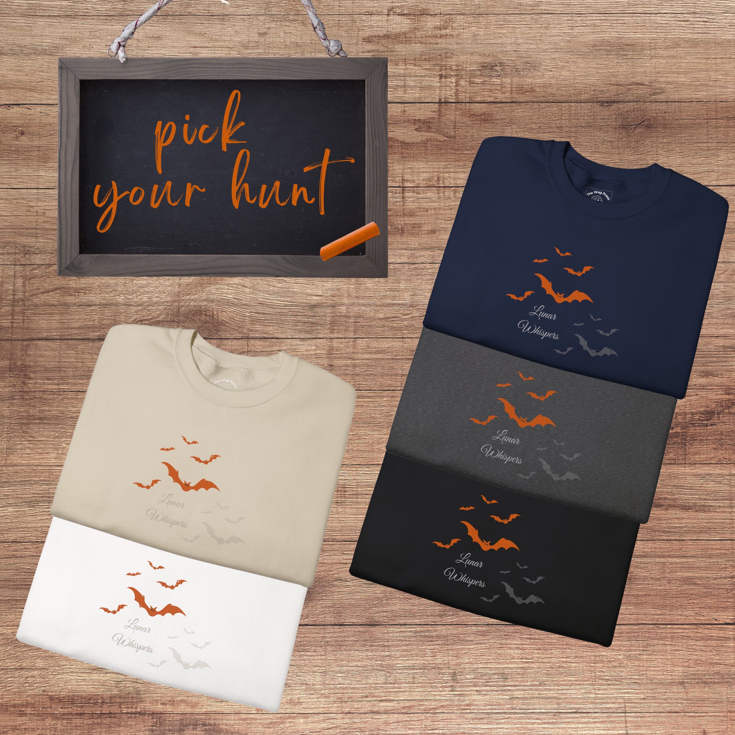 Halloween Sweatshirt Orange Bats Crewneck, Gothic Lunar Whispers Distressed, limited edition 50 per color product thumbnail image