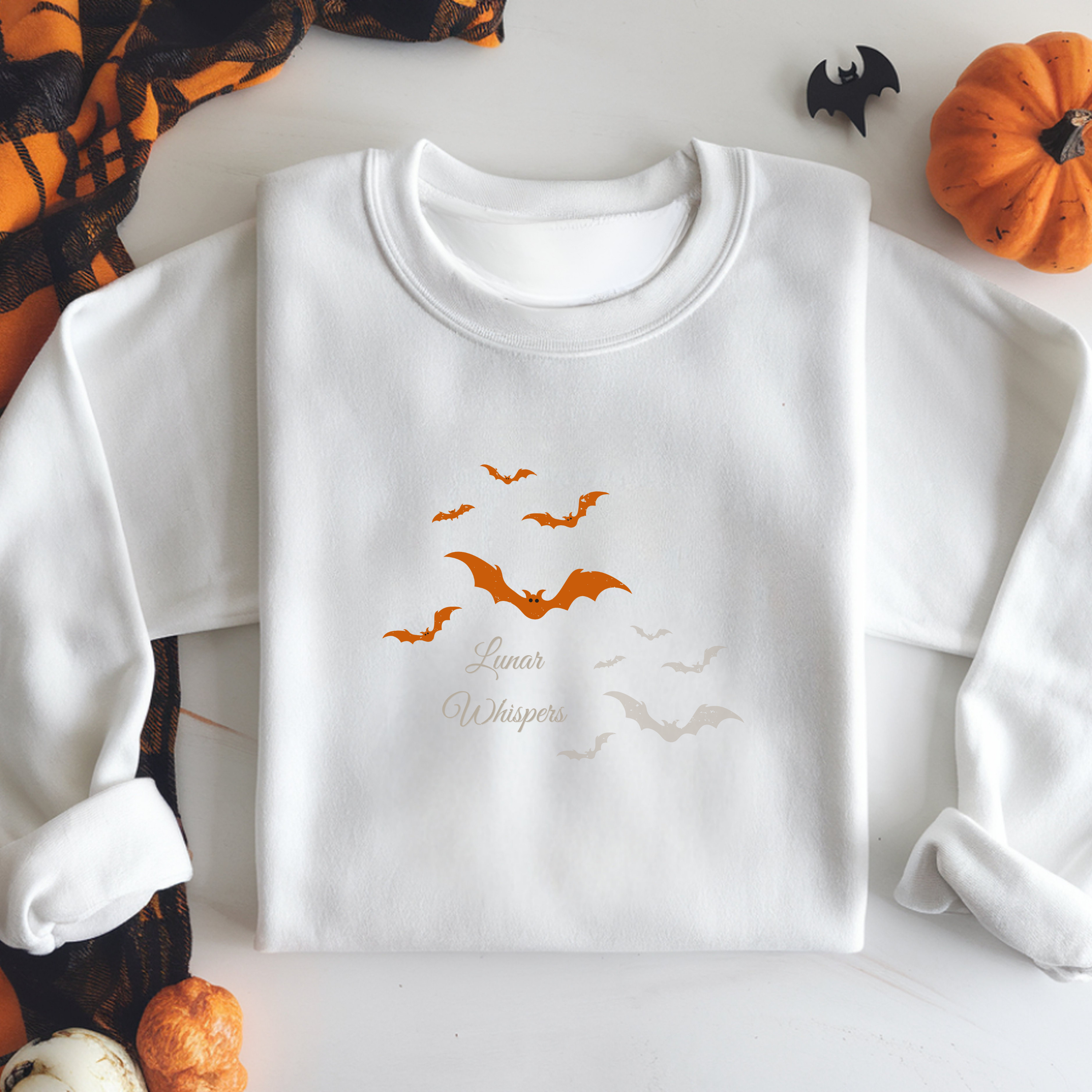 Halloween Sweatshirt Orange Bats Crewneck, Gothic Lunar Whispers Distressed, limited edition 50 per color product thumbnail image