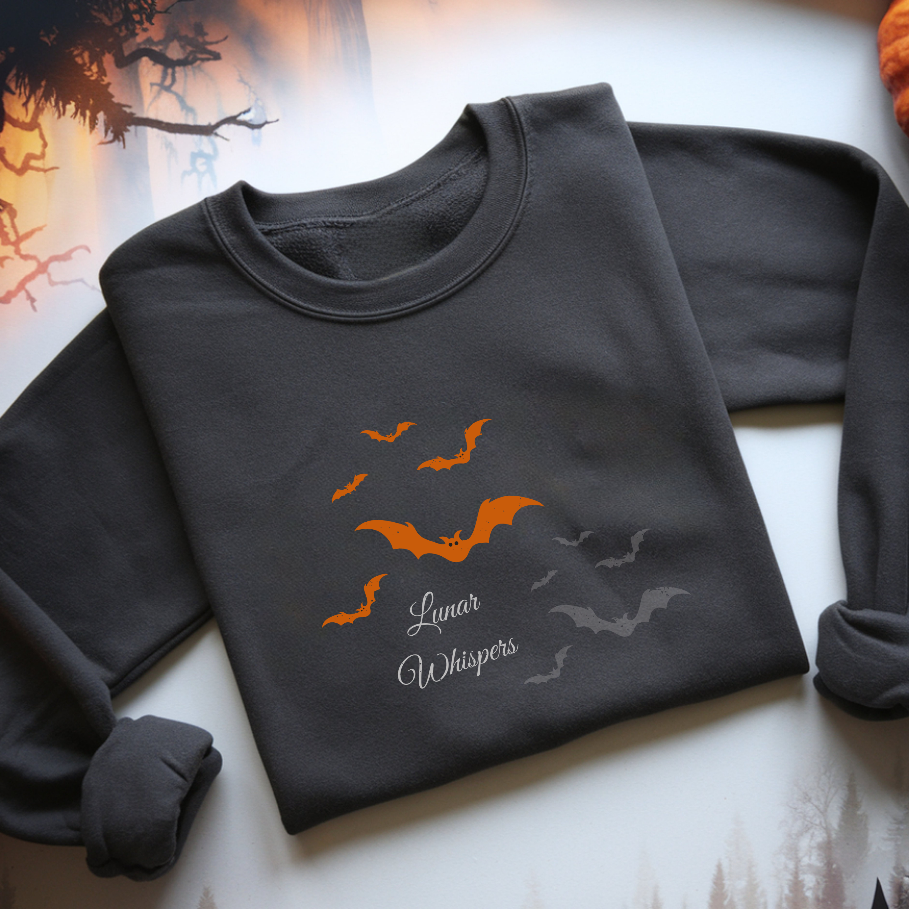 Halloween Sweatshirt Orange Bats Crewneck, Gothic Lunar Whispers Distressed, limited edition 50 per color product thumbnail image