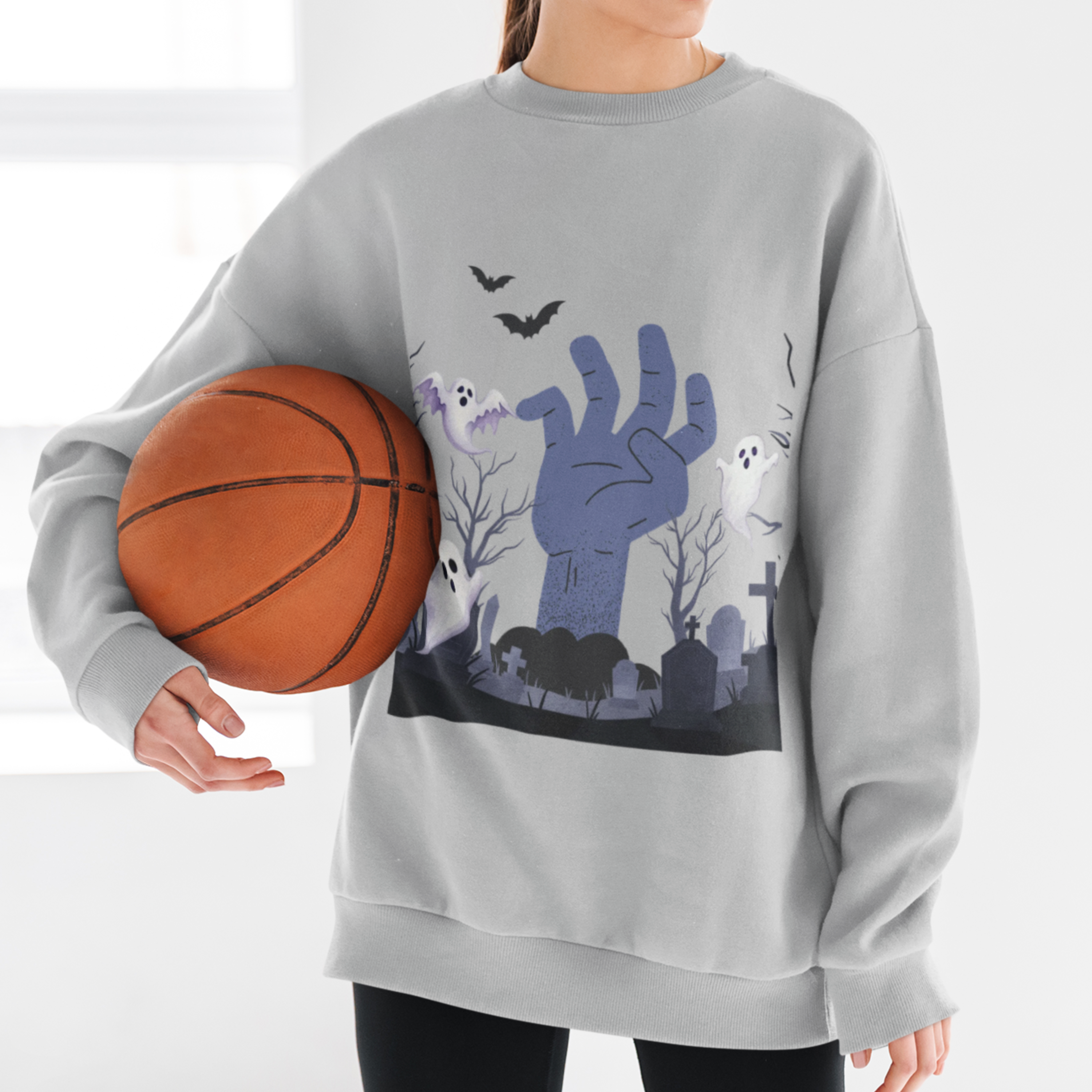 Spooky Halloween Sweatshirt | Zombie Hand &amp; Ghosts Graveyard Scene | Creepy Cute Fall Pullover | Halloween Graphic Sweatshirt product thumbnail image