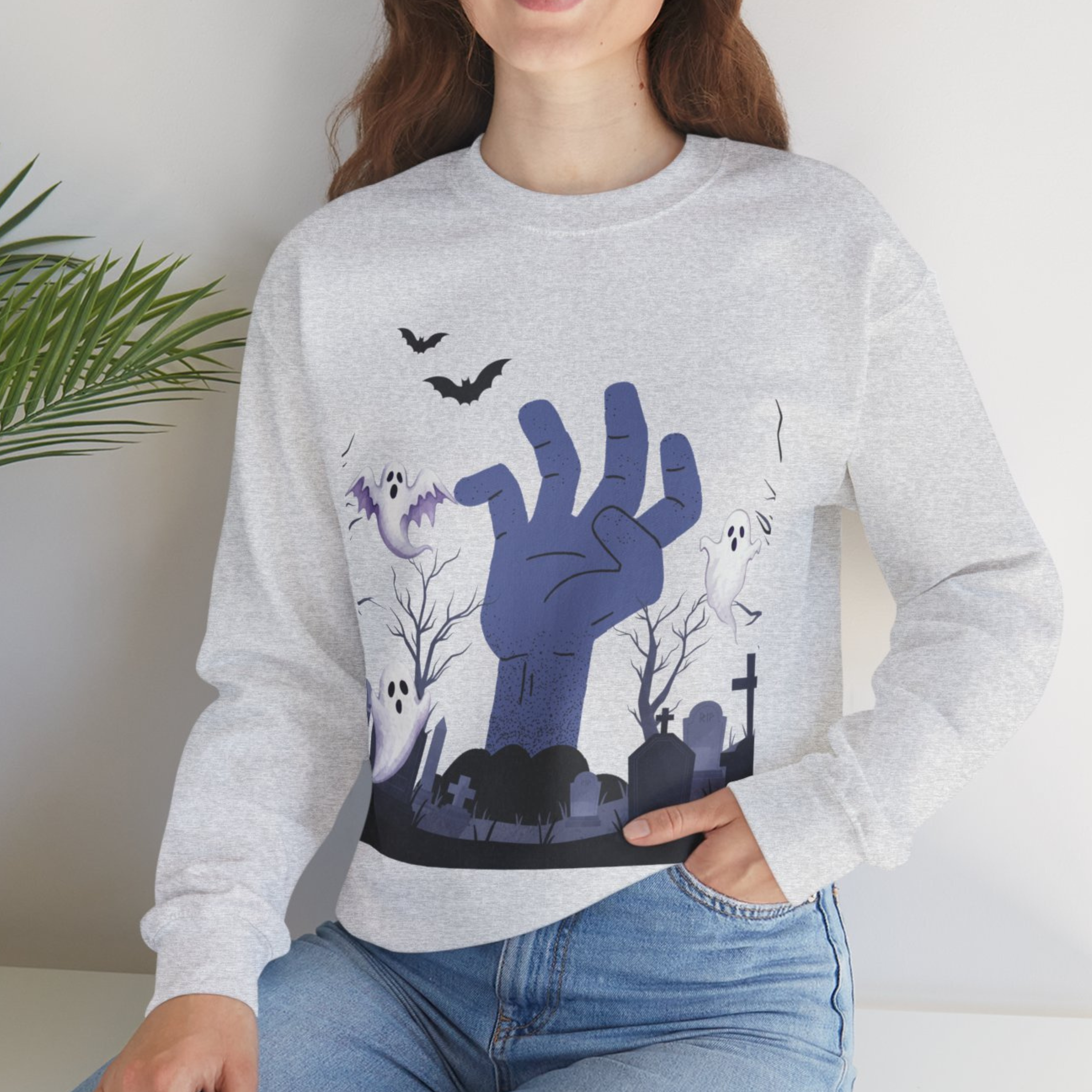 Spooky Halloween Sweatshirt | Zombie Hand &amp; Ghosts Graveyard Scene | Creepy Cute Fall Pullover | Halloween Graphic Sweatshirt product thumbnail image