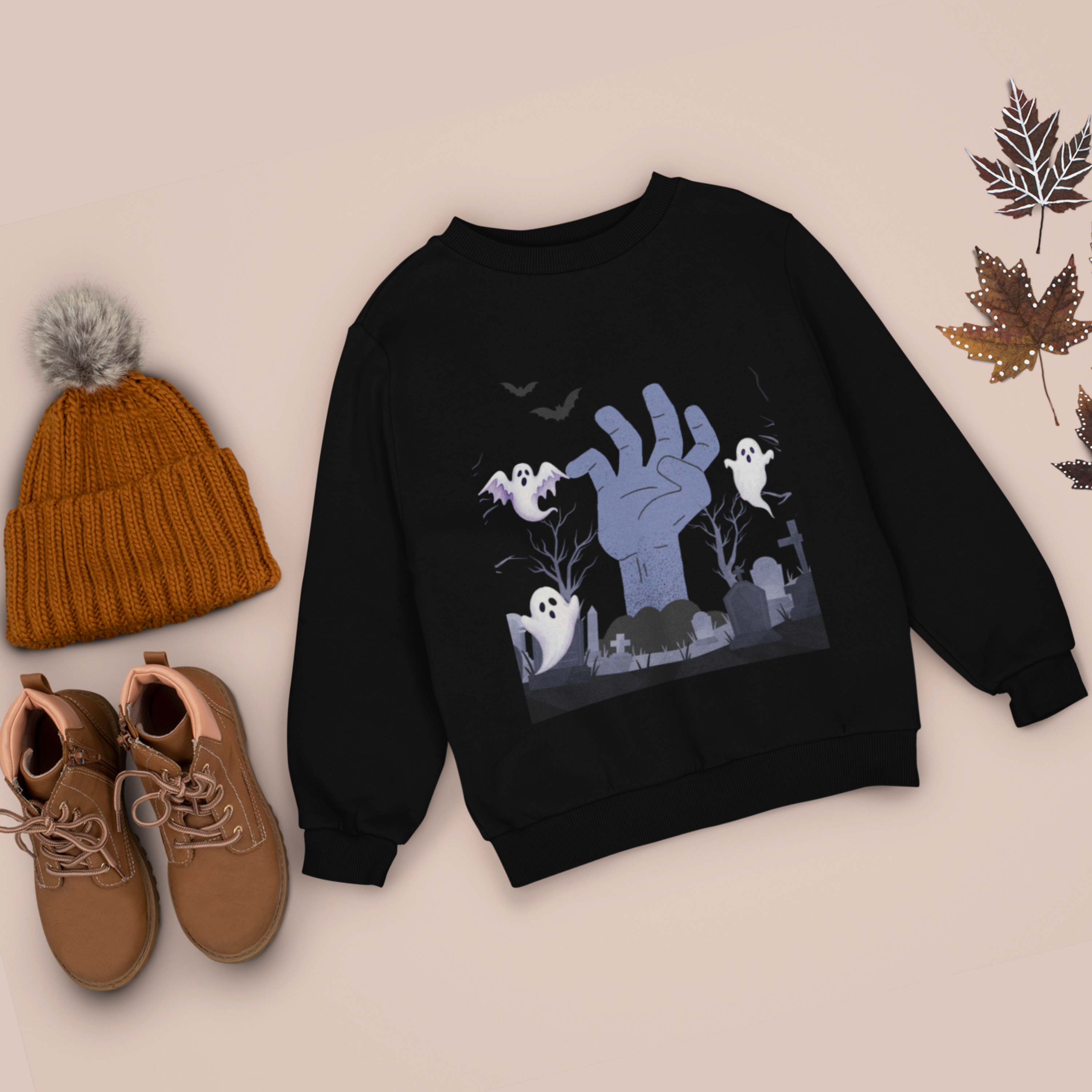 Spooky Halloween Sweatshirt | Zombie Hand &amp; Ghosts Graveyard Scene | Creepy Cute Fall Pullover | Halloween Graphic Sweatshirt