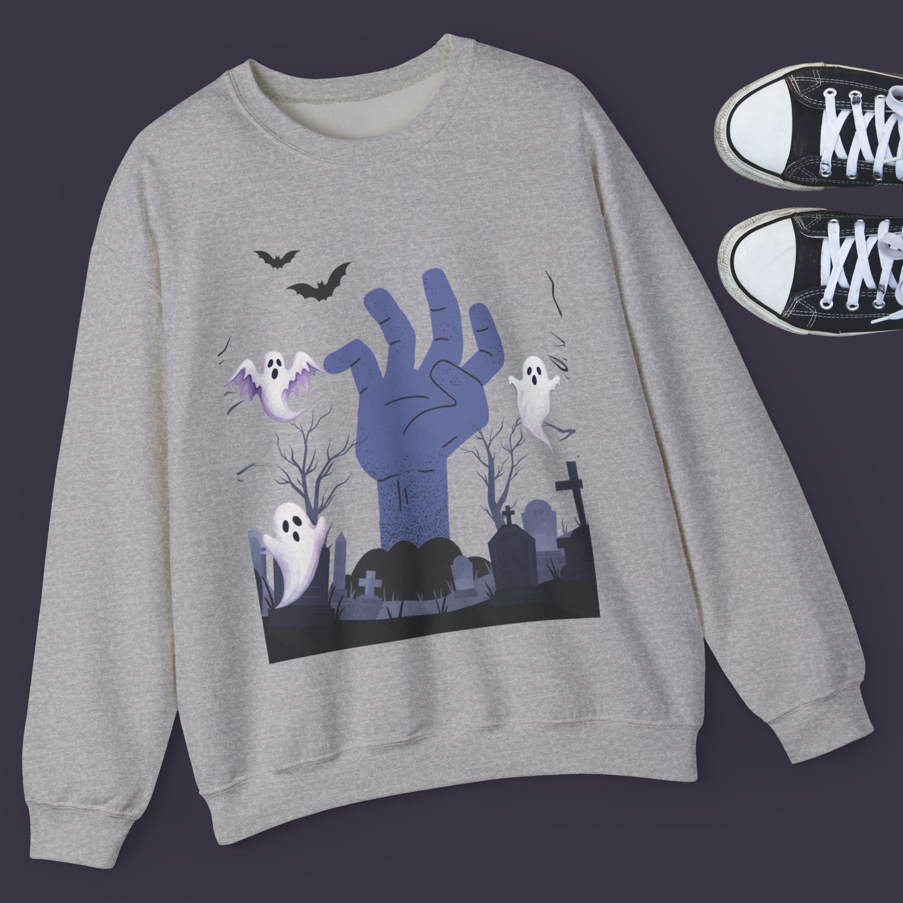 Spooky Halloween Sweatshirt | Zombie Hand & Ghosts Graveyard Scene | Creepy Cute Fall Pullover | Halloween Graphic Sweatshirt product thumbnail image Spooky Halloween Sweatshirt | Zombie Hand & Ghosts Graveyard Scene | Creepy Cute Fall Pullover | Halloween Graphic Sweatshirt product thumbnail image