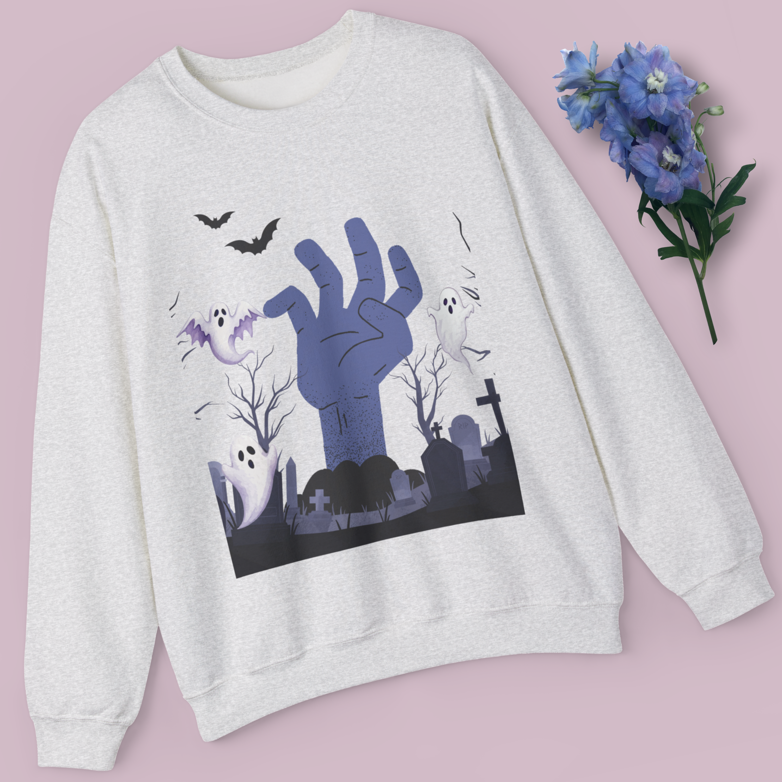 Spooky Halloween Sweatshirt | Zombie Hand &amp; Ghosts Graveyard Scene | Creepy Cute Fall Pullover | Halloween Graphic Sweatshirt product thumbnail image