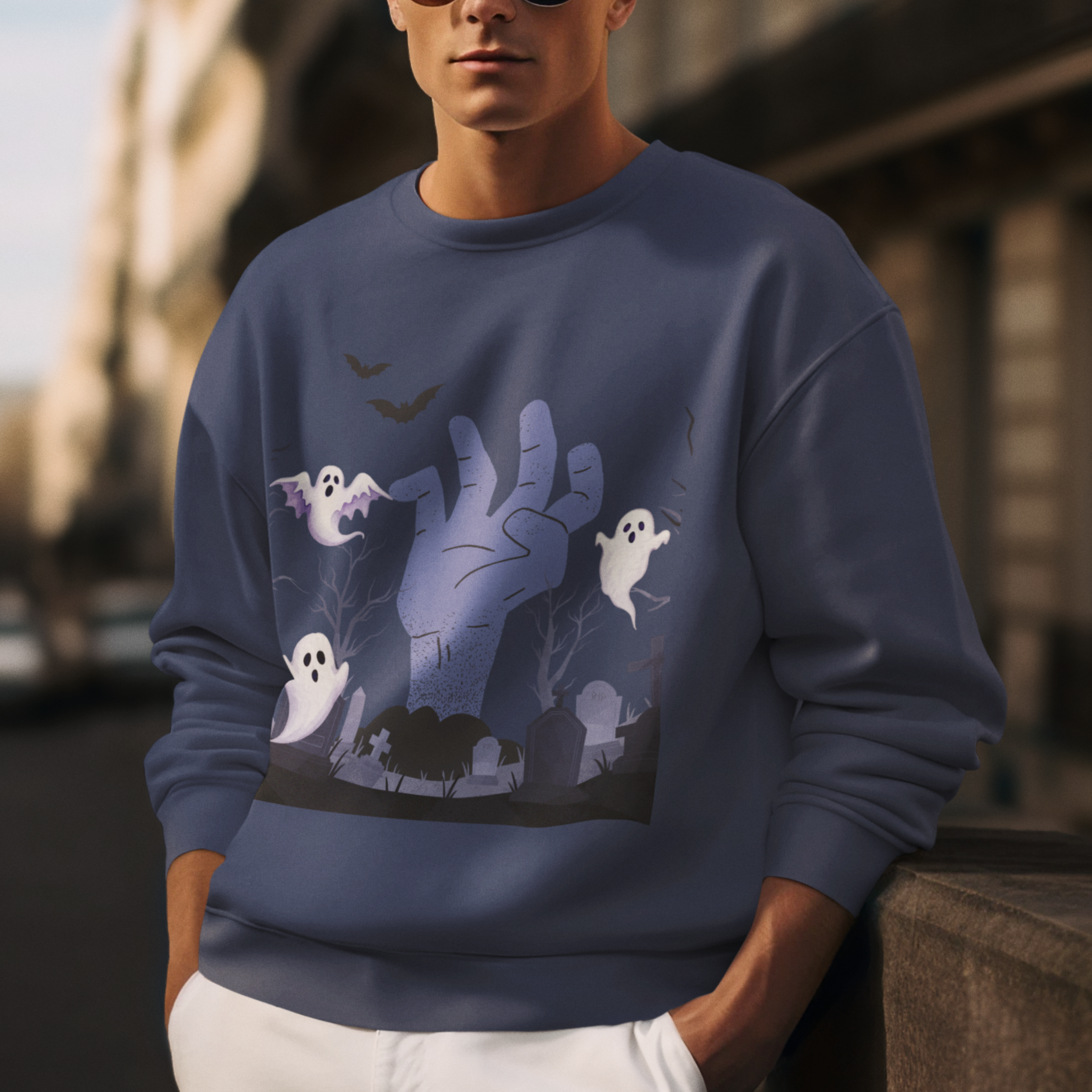 Spooky Halloween Sweatshirt | Zombie Hand & Ghosts Graveyard Scene | Creepy Cute Fall Pullover | Halloween Graphic Sweatshirt product thumbnail image Spooky Halloween Sweatshirt | Zombie Hand & Ghosts Graveyard Scene | Creepy Cute Fall Pullover | Halloween Graphic Sweatshirt product thumbnail image