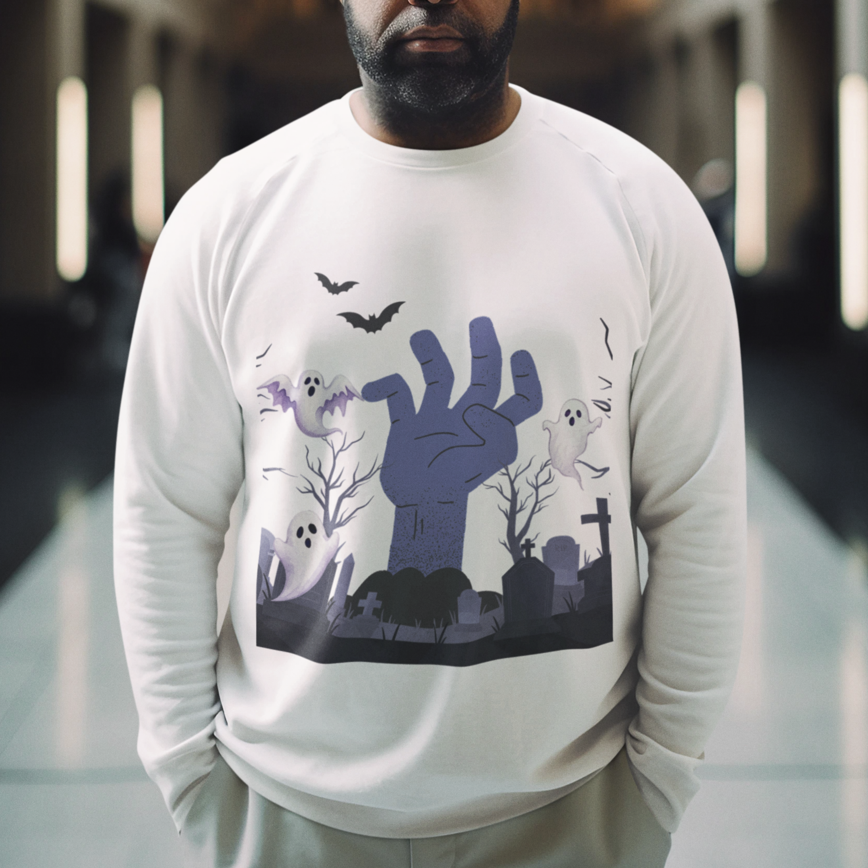 Spooky Halloween Sweatshirt | Zombie Hand &amp; Ghosts Graveyard Scene | Creepy Cute Fall Pullover | Halloween Graphic Sweatshirt product thumbnail image