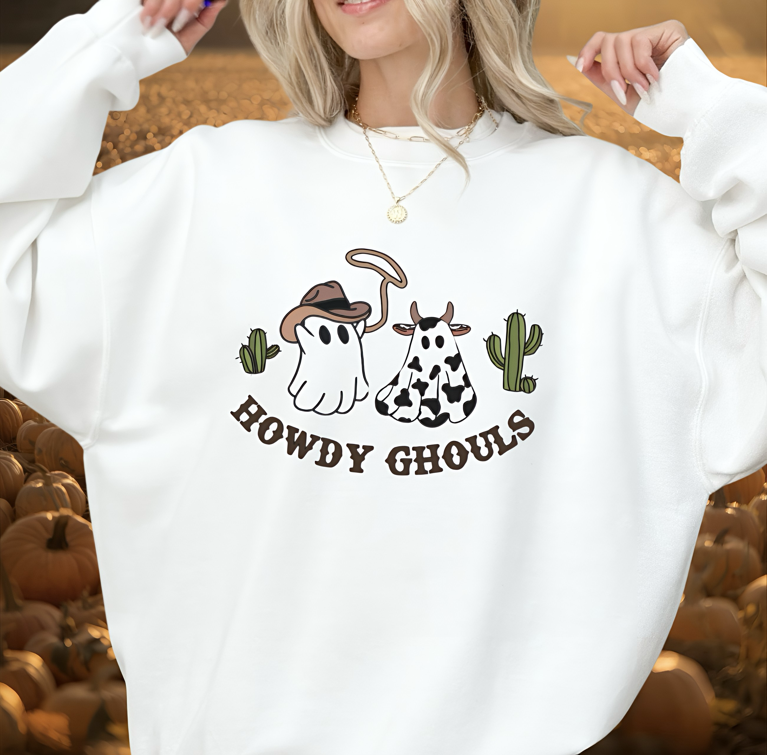 👻🌙 Howdy Ghouls Sweatshirt, Cozy Halloween Sweatshirt, Unisex Fall Apparel, Ghost and Cowboy Theme, Perfect for Halloween Celebrations product thumbnail image 👻🌙 Howdy Ghouls Sweatshirt, Cozy Halloween Sweatshirt, Unisex Fall Apparel, Ghost and Cowboy Theme, Perfect for Halloween Celebrations product thumbnail image