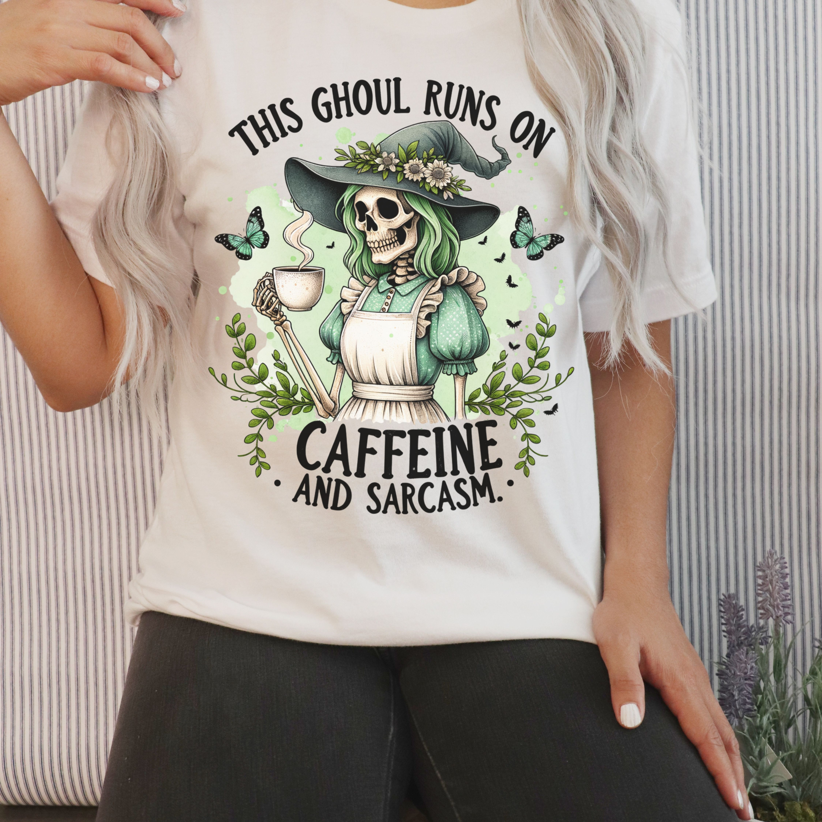 Caffeinated Ghoul T-Shirt, Funny Skeleton Shirt, Unisex Graphic Tee, Halloween Apparel, Sarcasm Shirt product thumbnail image