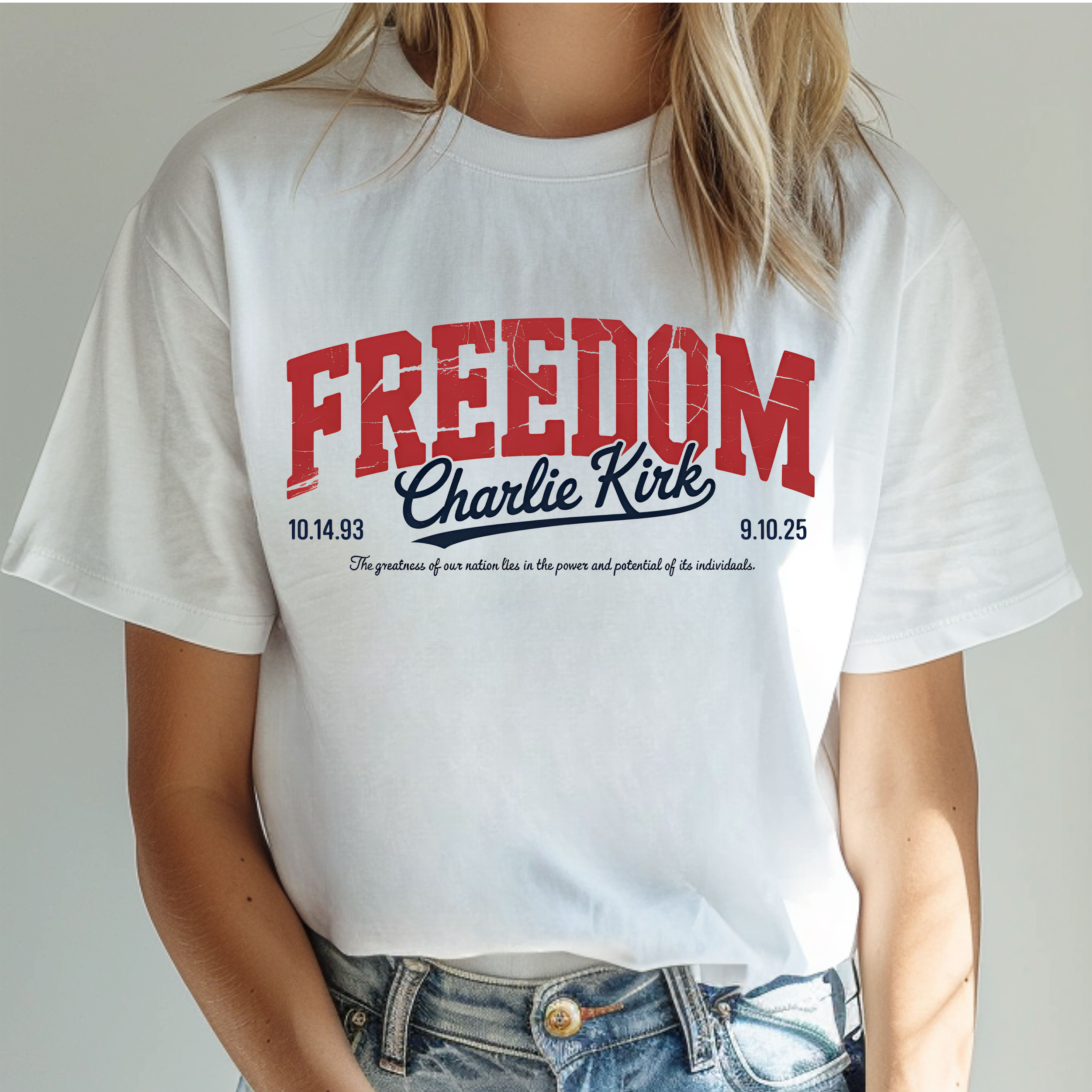 Freedom - Charlie Kirk Tee - Collegiate Style product thumbnail image Freedom - Charlie Kirk Tee - Collegiate Style product thumbnail image