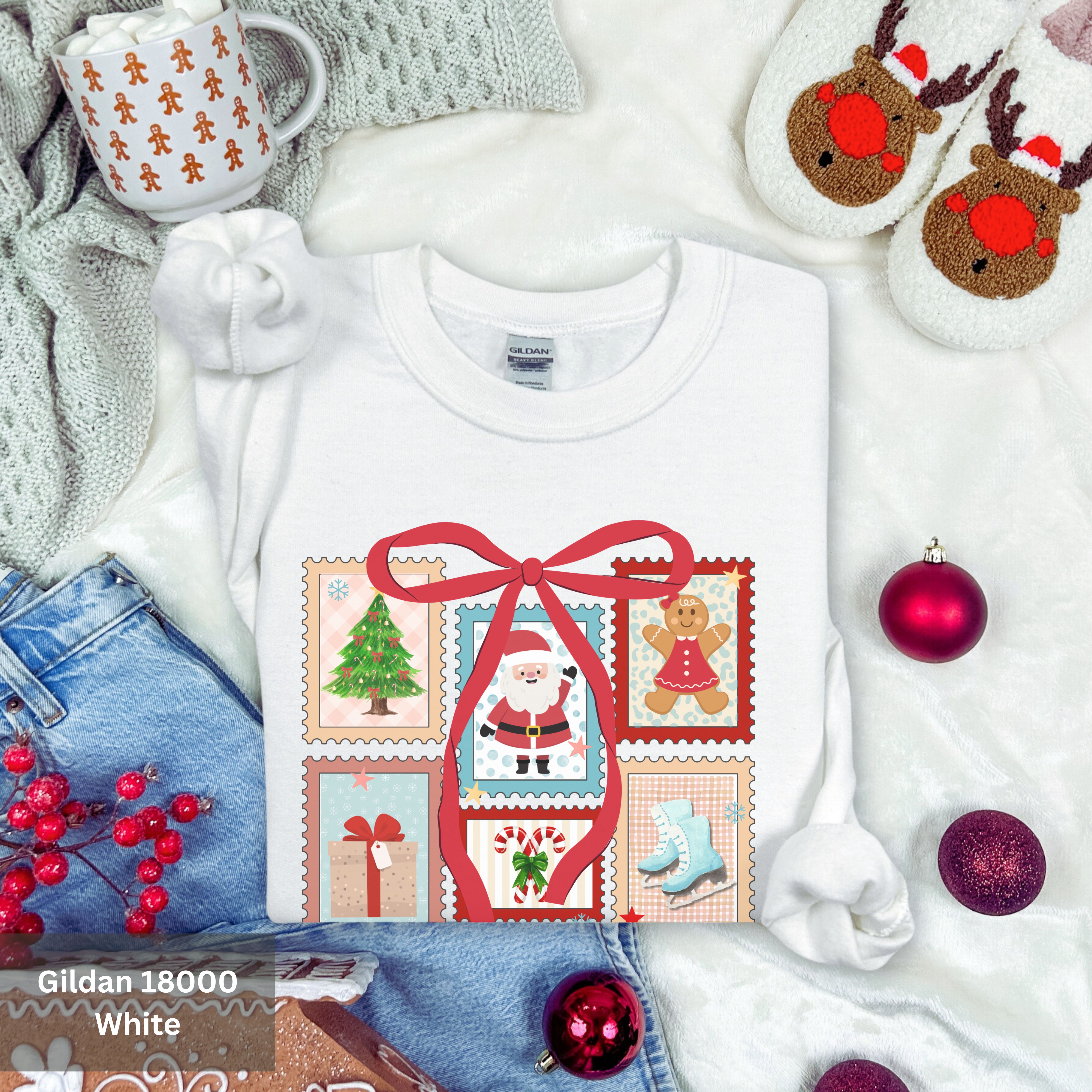 Trendy Christmas Sweatshirt with Postage Stamp Design, Cozy Holiday Crewneck, Cute Santa Top, Seasonal Sweatshirt for Christmas Celebrations product thumbnail image
