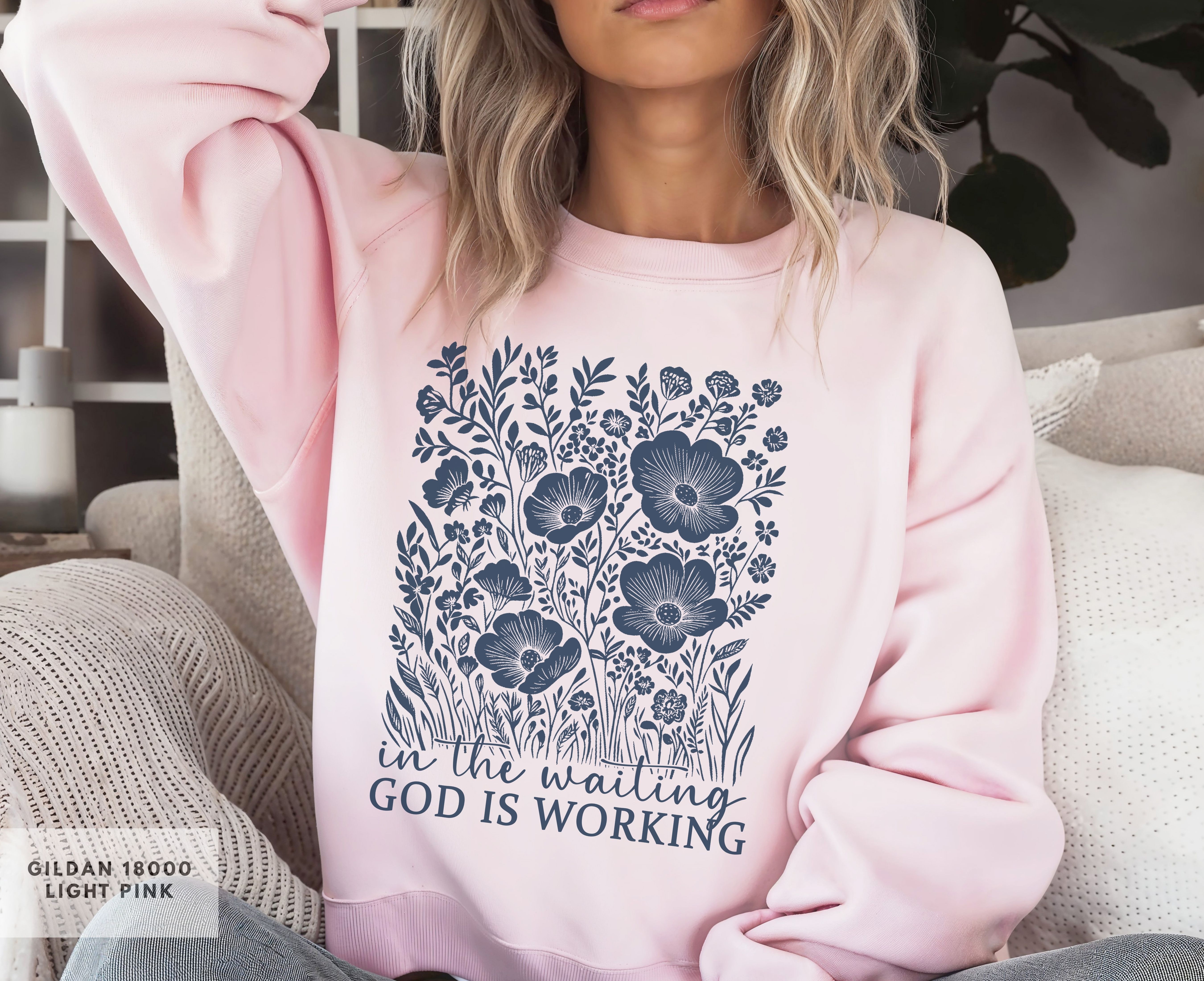 Inspirational Floral Crewneck Sweatshirt, Christian Gift for Her, Cozy Casual Wear, God is Working in the Waiting Design, Spiritual Apparel product thumbnail image Inspirational Floral Crewneck Sweatshirt, Christian Gift for Her, Cozy Casual Wear, God is Working in the Waiting Design, Spiritual Apparel product thumbnail image