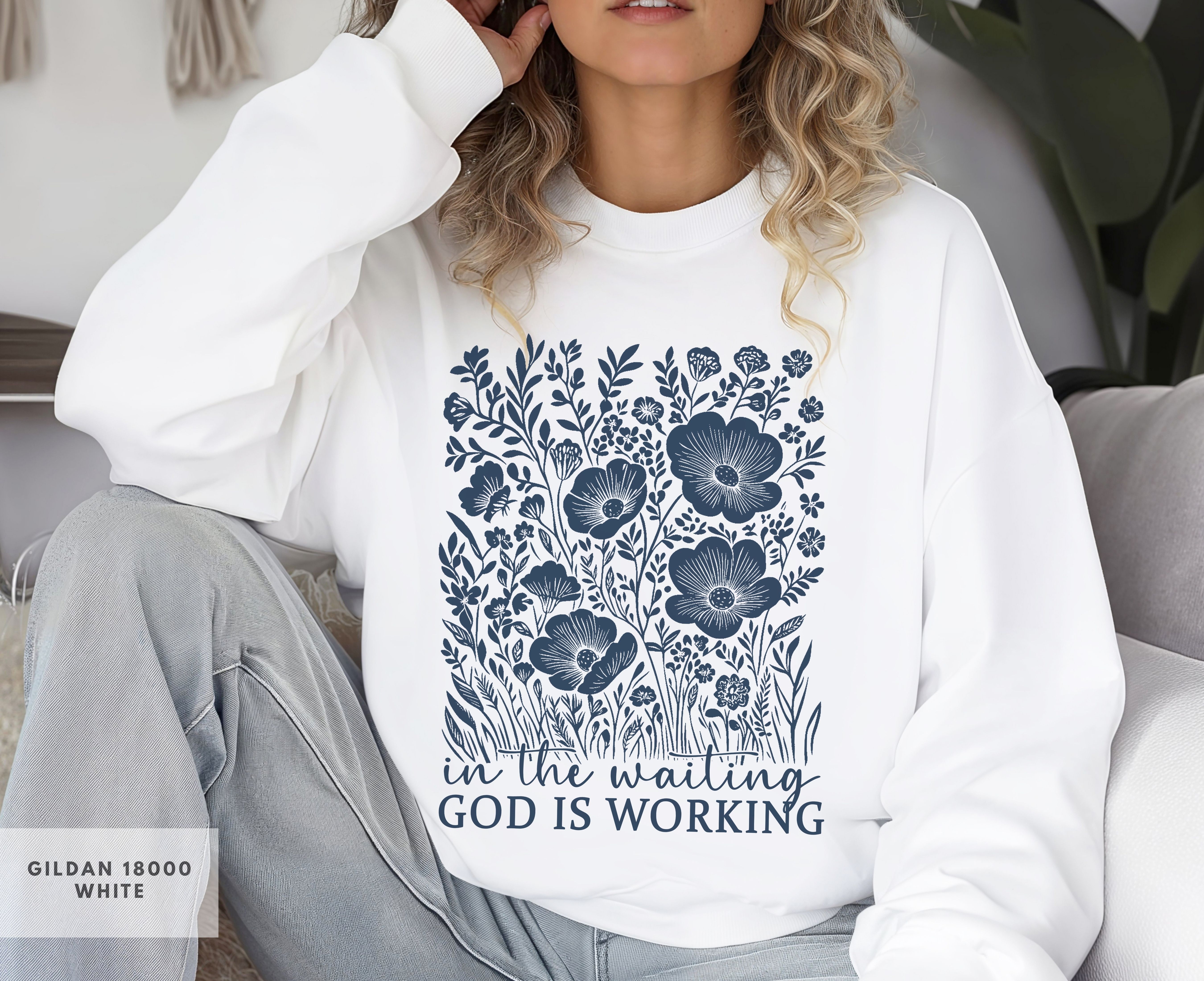Inspirational Floral Crewneck Sweatshirt, Christian Gift for Her, Cozy Casual Wear, God is Working in the Waiting Design, Spiritual Apparel product thumbnail image