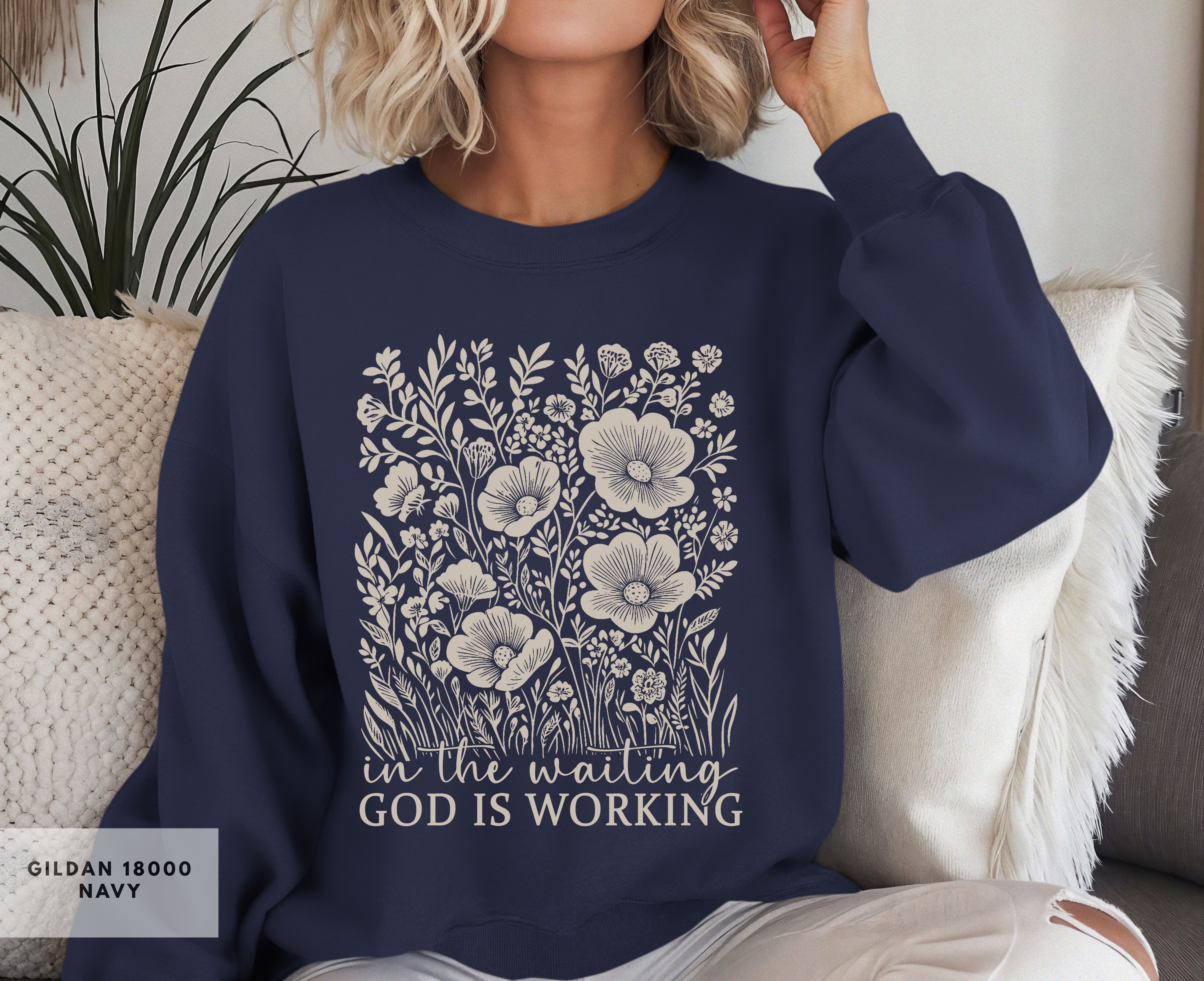 Inspirational Floral Crewneck Sweatshirt, Christian Gift for Her, Cozy Casual Wear, God is Working in the Waiting Design, Spiritual Apparel product thumbnail image Inspirational Floral Crewneck Sweatshirt, Christian Gift for Her, Cozy Casual Wear, God is Working in the Waiting Design, Spiritual Apparel product thumbnail image