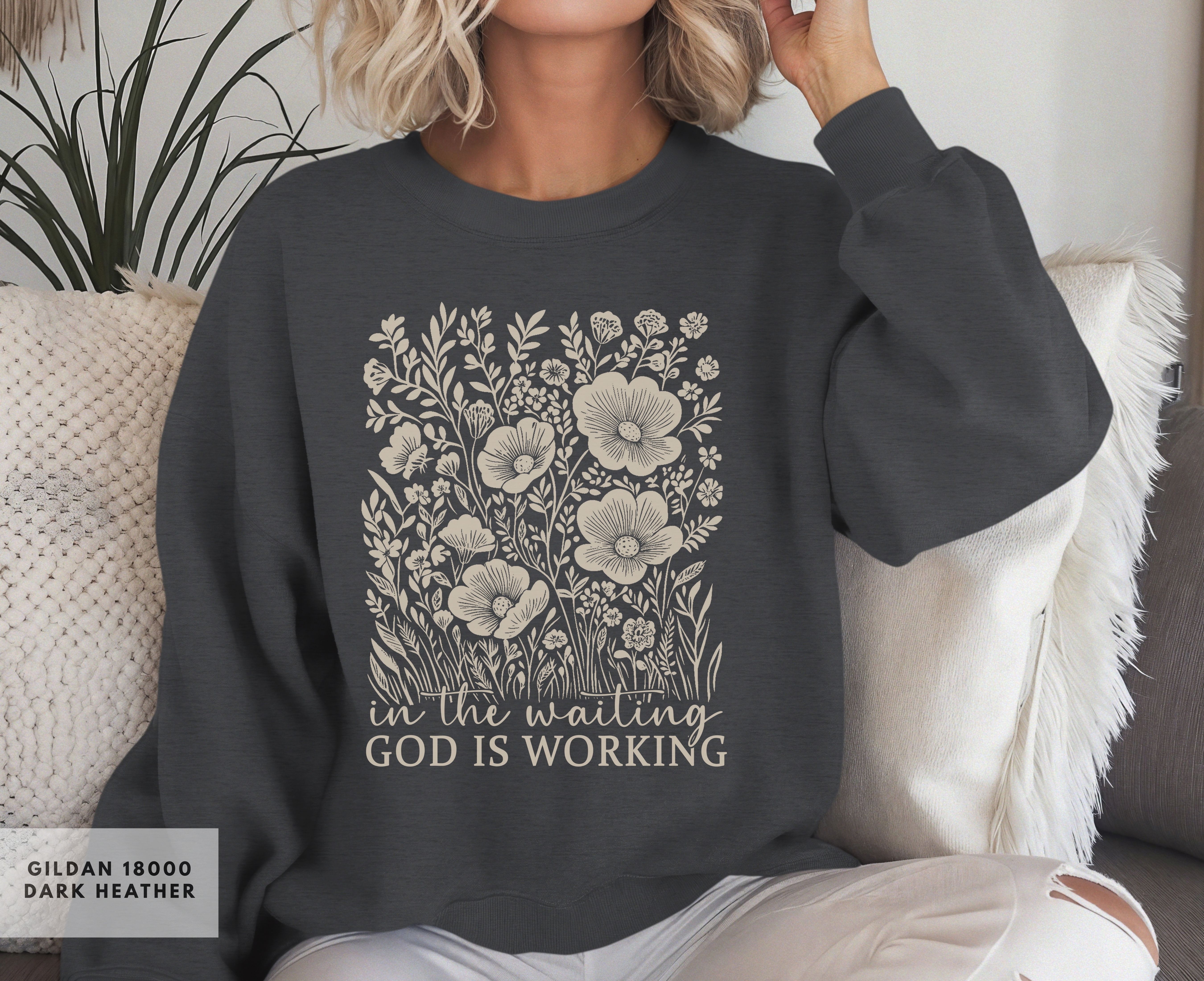 Inspirational Floral Crewneck Sweatshirt, Christian Gift for Her, Cozy Casual Wear, God is Working in the Waiting Design, Spiritual Apparel product thumbnail image