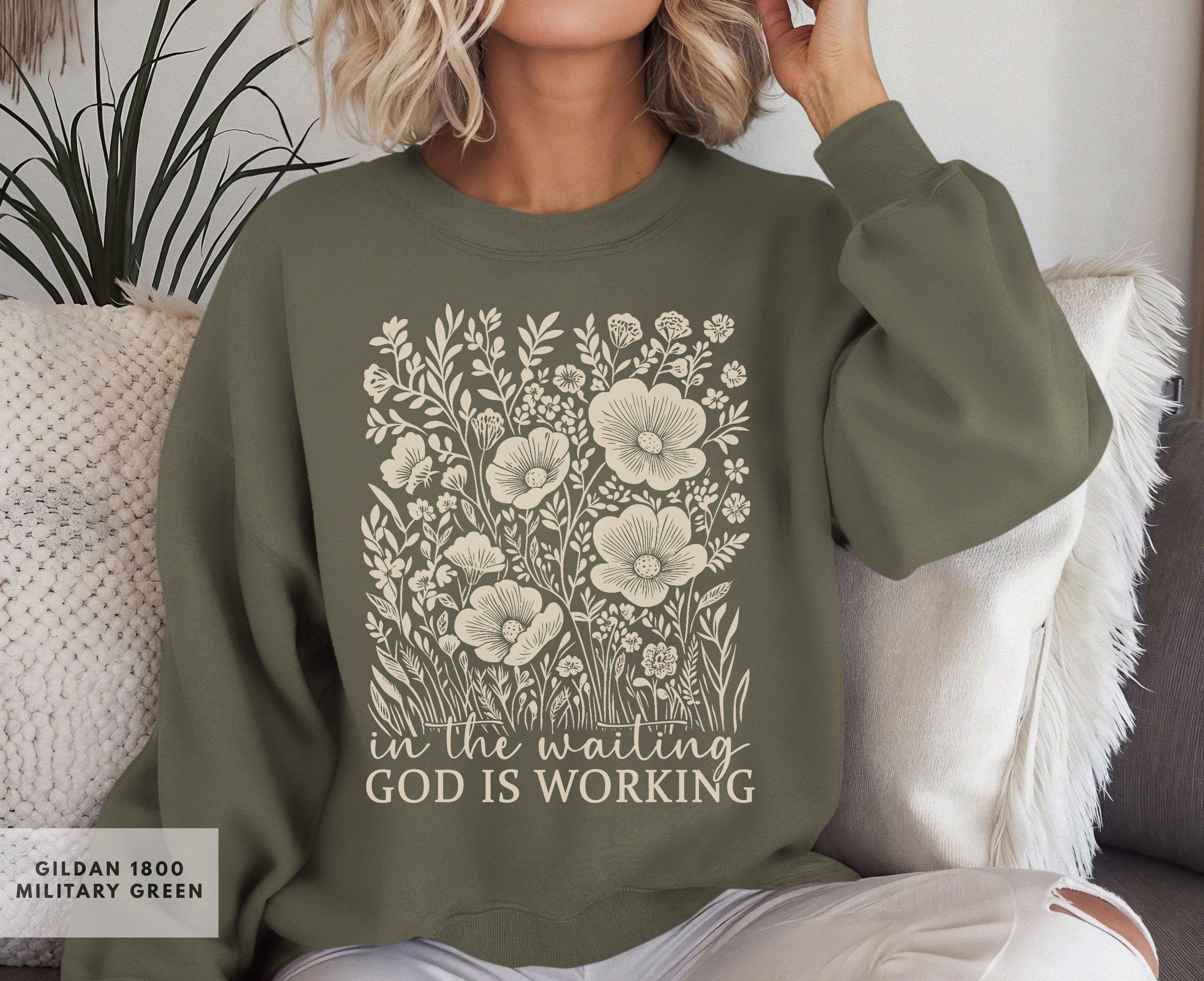 Inspirational Floral Crewneck Sweatshirt, Christian Gift for Her, Cozy Casual Wear, God is Working in the Waiting Design, Spiritual Apparel product thumbnail image