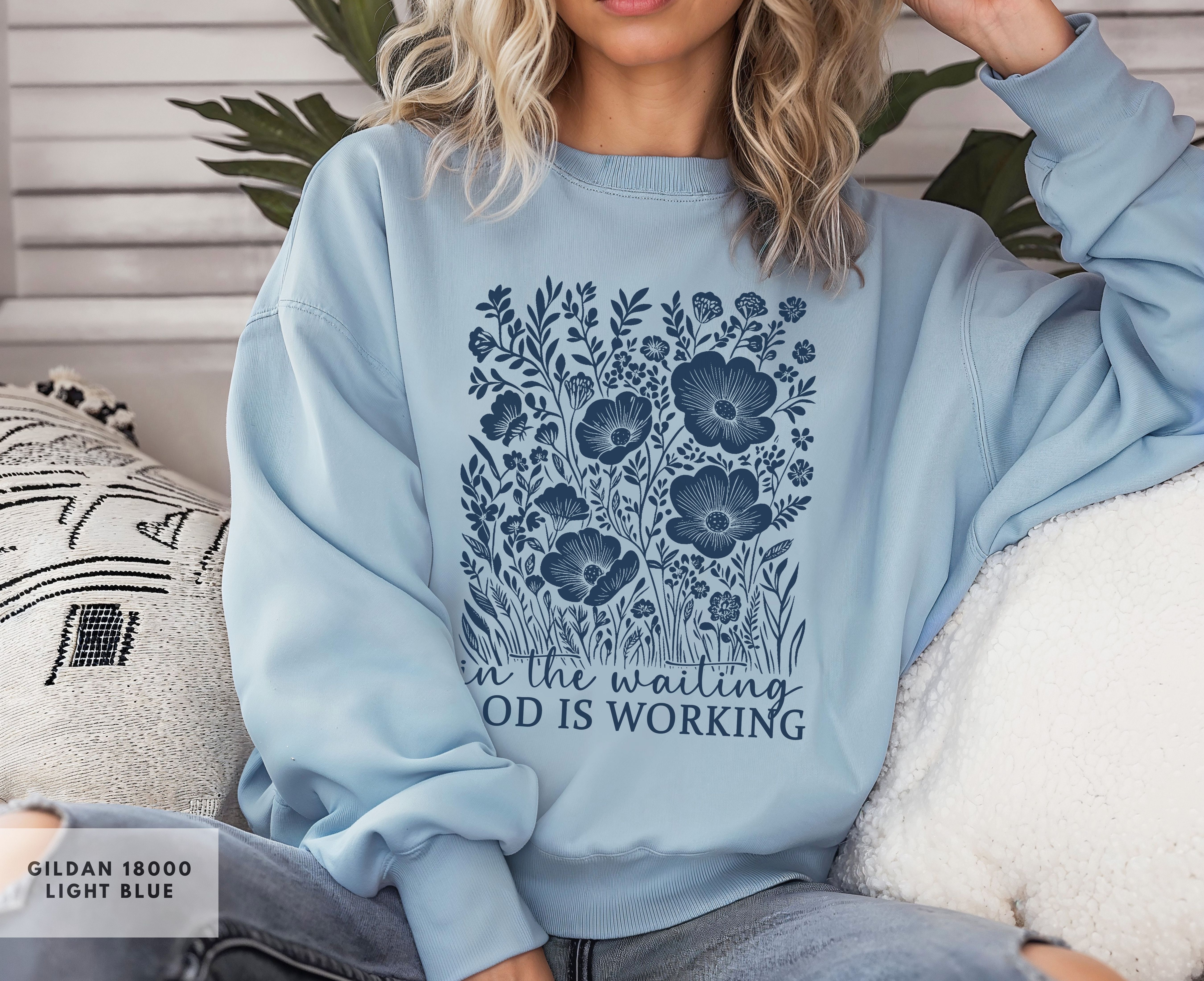 Inspirational Floral Crewneck Sweatshirt, Christian Gift for Her, Cozy Casual Wear, God is Working in the Waiting Design, Spiritual Apparel product thumbnail image Inspirational Floral Crewneck Sweatshirt, Christian Gift for Her, Cozy Casual Wear, God is Working in the Waiting Design, Spiritual Apparel product thumbnail image