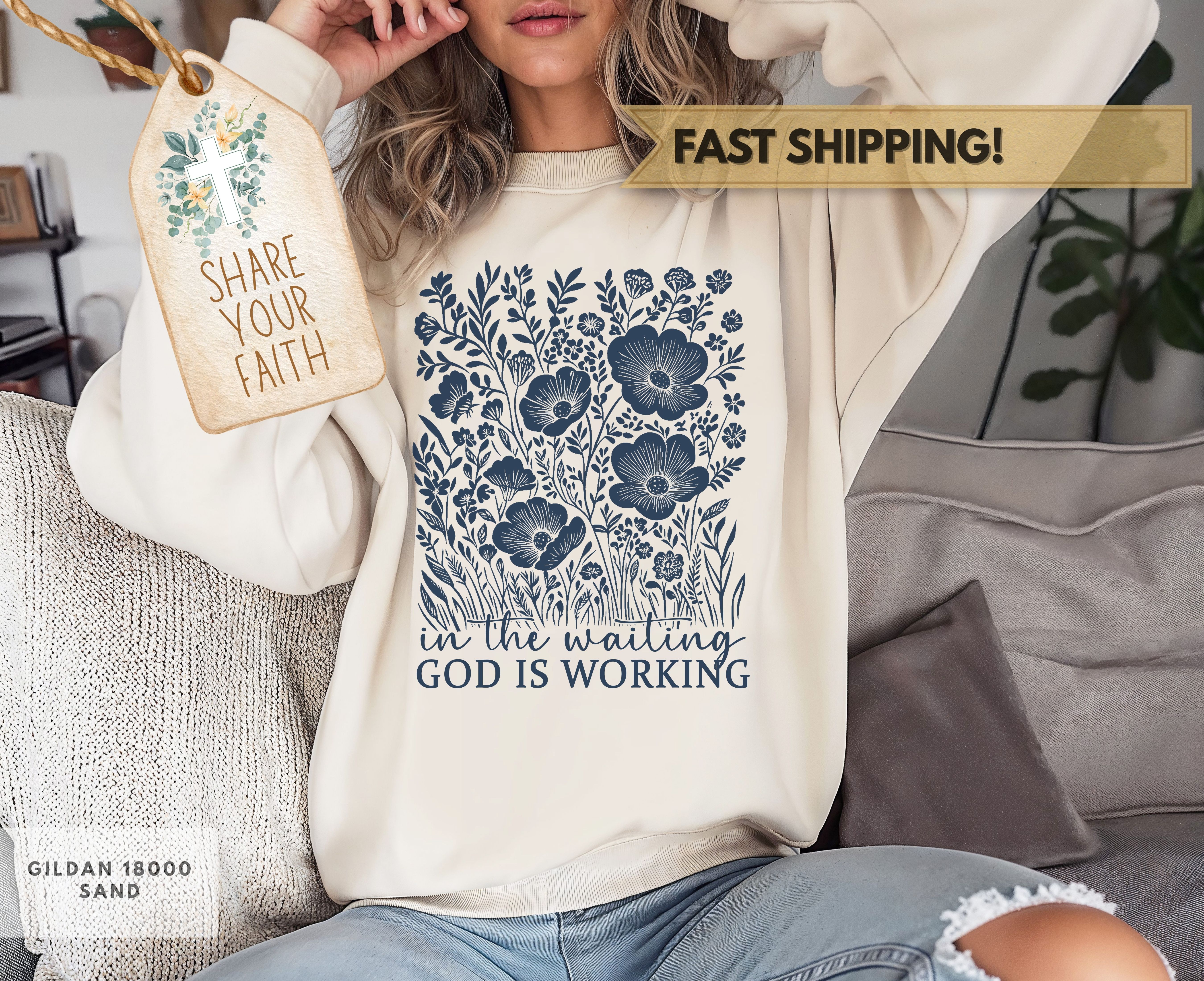 Inspirational Floral Crewneck Sweatshirt, Christian Gift for Her, Cozy Casual Wear, God is Working in the Waiting Design, Spiritual Apparel product thumbnail image Inspirational Floral Crewneck Sweatshirt, Christian Gift for Her, Cozy Casual Wear, God is Working in the Waiting Design, Spiritual Apparel product thumbnail image