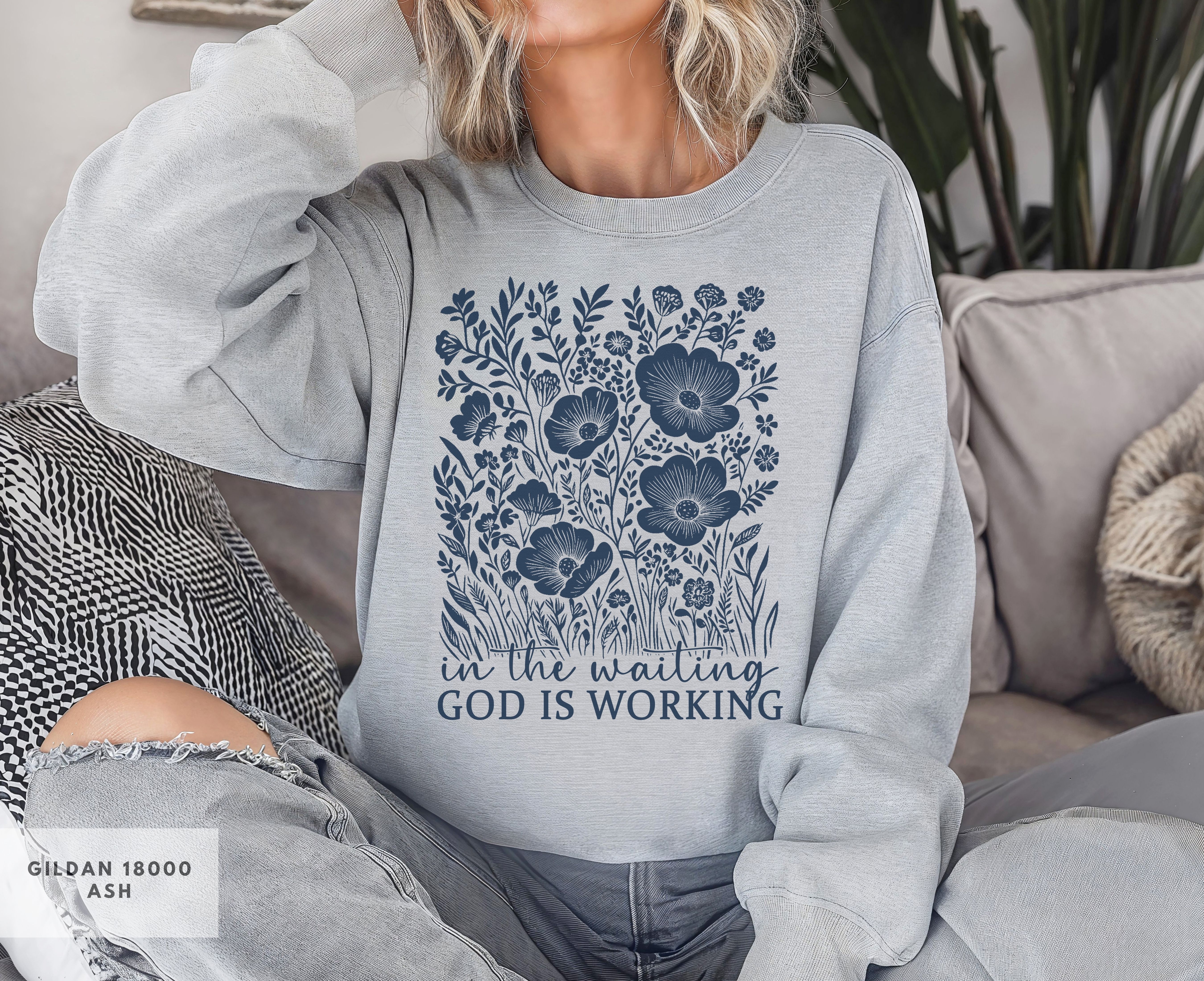 Inspirational Floral Crewneck Sweatshirt, Christian Gift for Her, Cozy Casual Wear, God is Working in the Waiting Design, Spiritual Apparel product thumbnail image