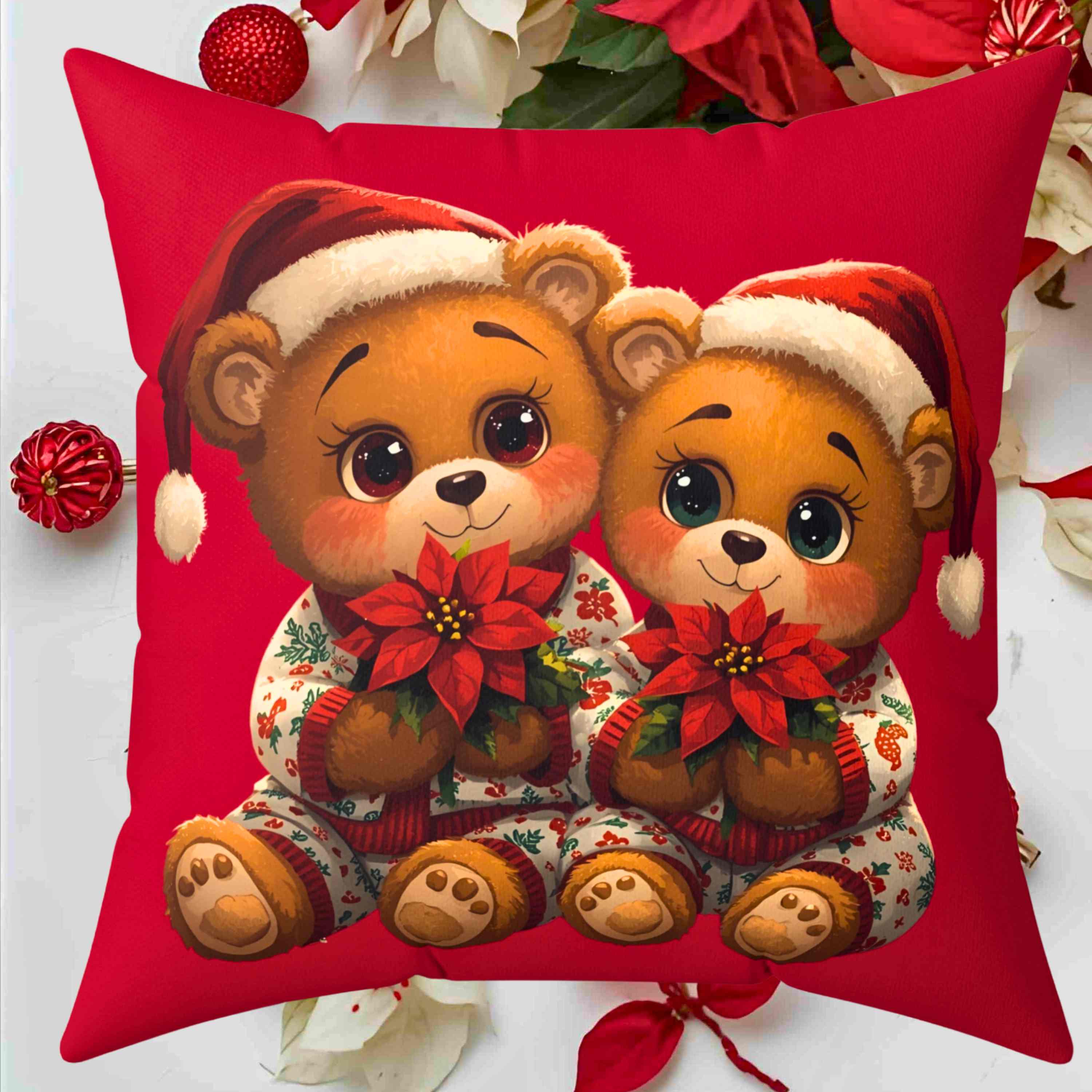 Christmas Square Pillow with Personalized Teddy Bears product thumbnail image