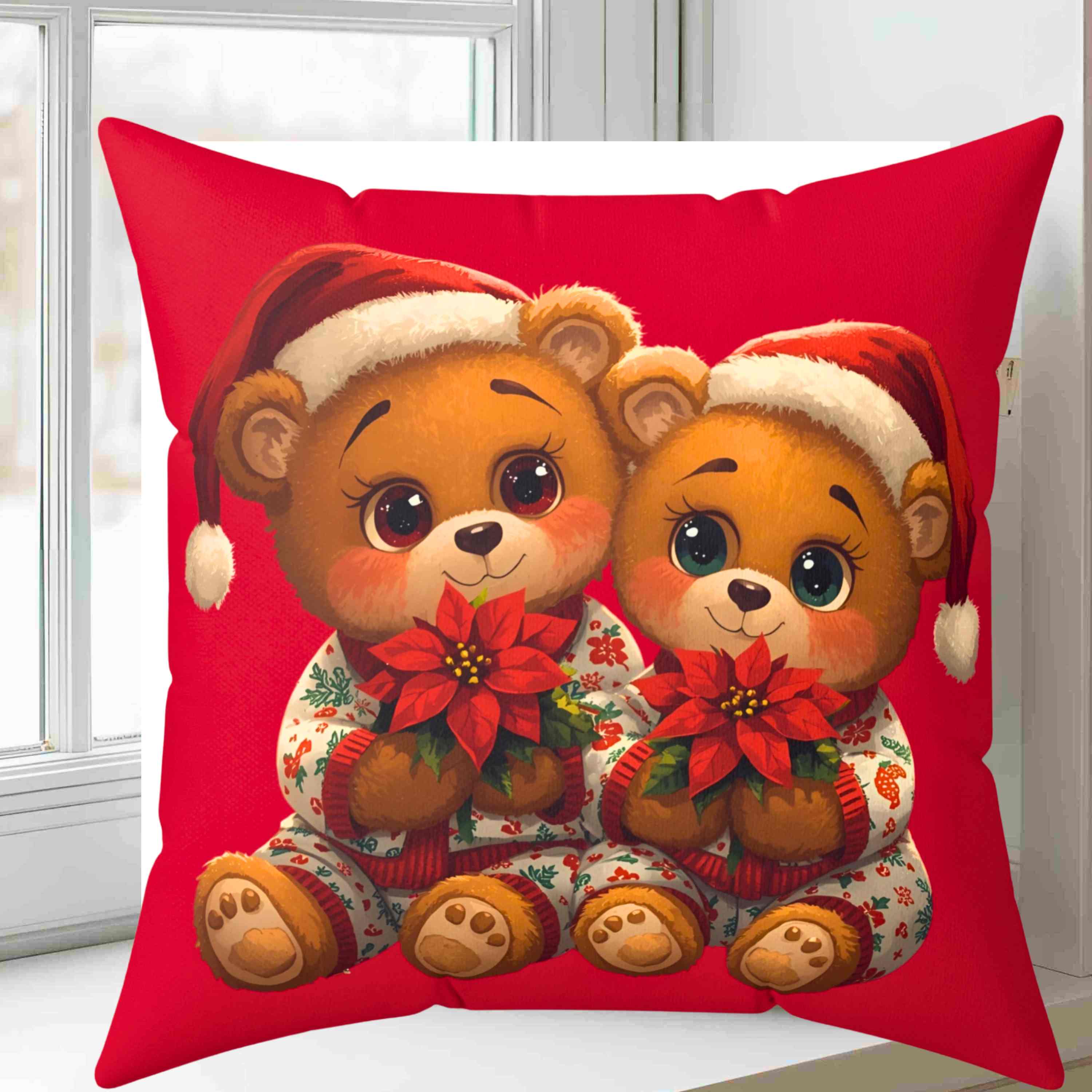 Christmas Square Pillow with Personalized Teddy Bears