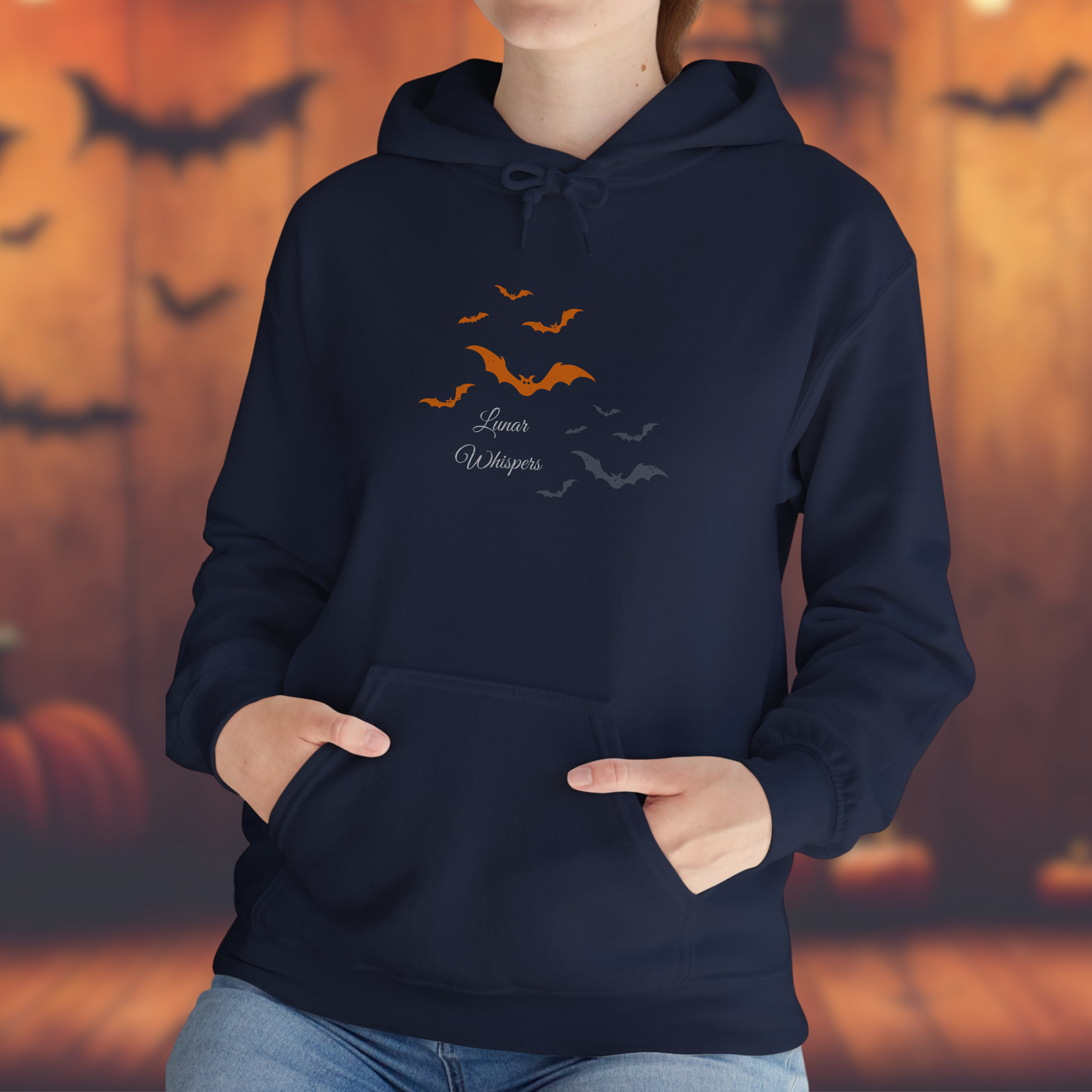 Halloween Hoodie Orange Bats Pullover, Gothic Lunar Whispers Unisex, Limited Edition 50 each color product thumbnail image