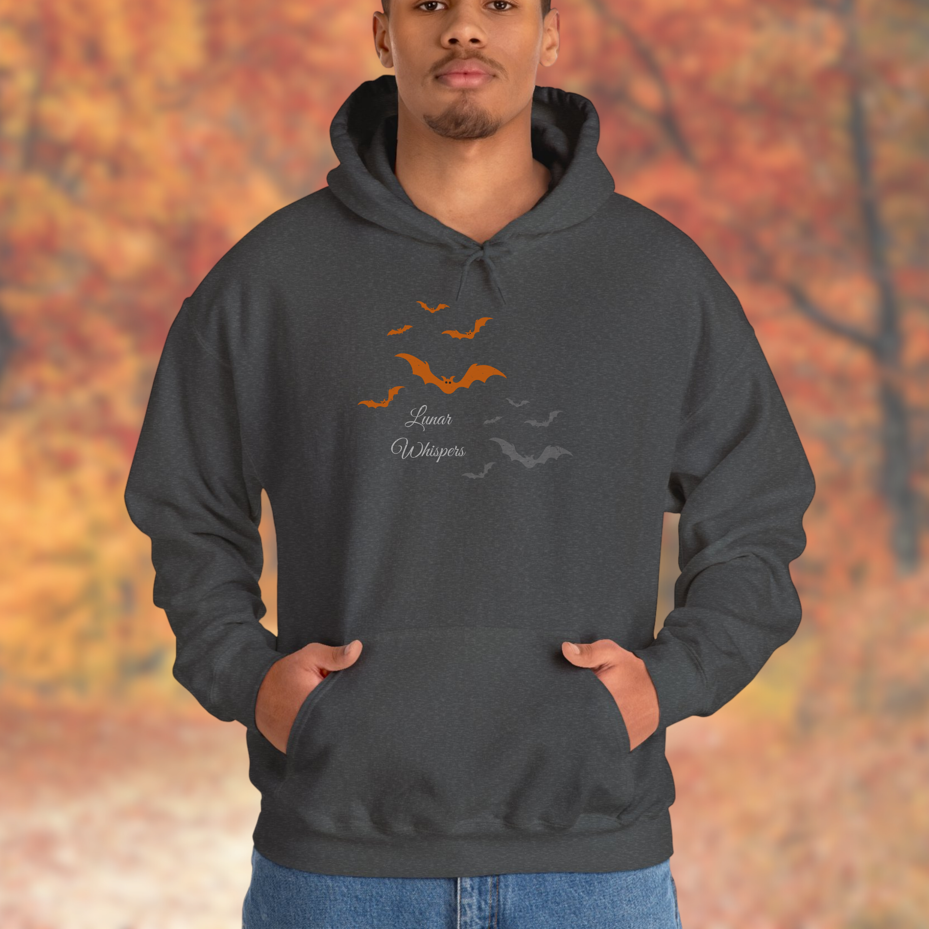 Halloween Hoodie Orange Bats Pullover, Gothic Lunar Whispers Unisex, Limited Edition 50 each color product thumbnail image Halloween Hoodie Orange Bats Pullover, Gothic Lunar Whispers Unisex, Limited Edition 50 each color product thumbnail image