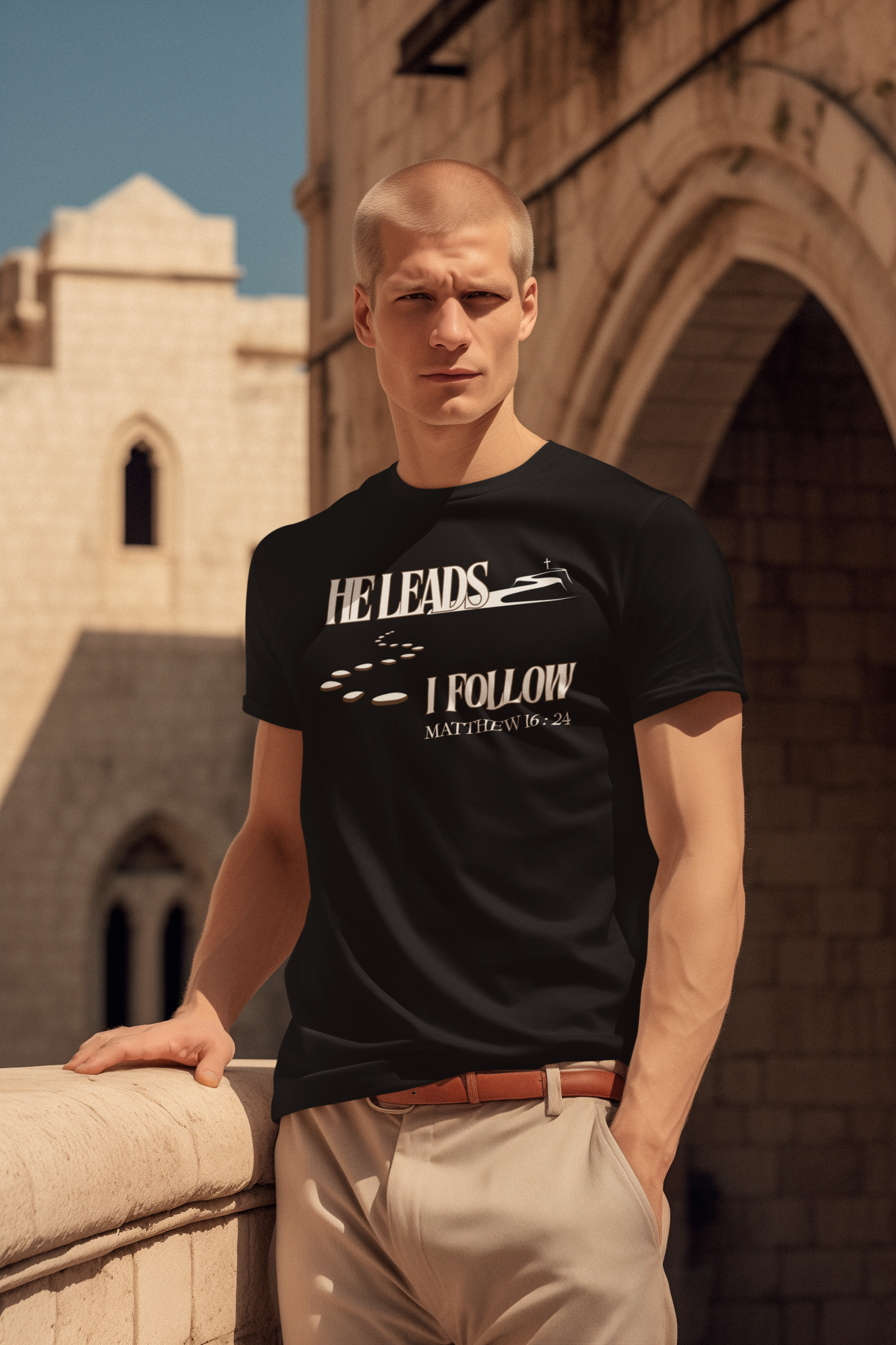 "He Leads and I Follow" Christian Faith Design Unisex T-shirt product thumbnail image "He Leads and I Follow" Christian Faith Design Unisex T-shirt product thumbnail image