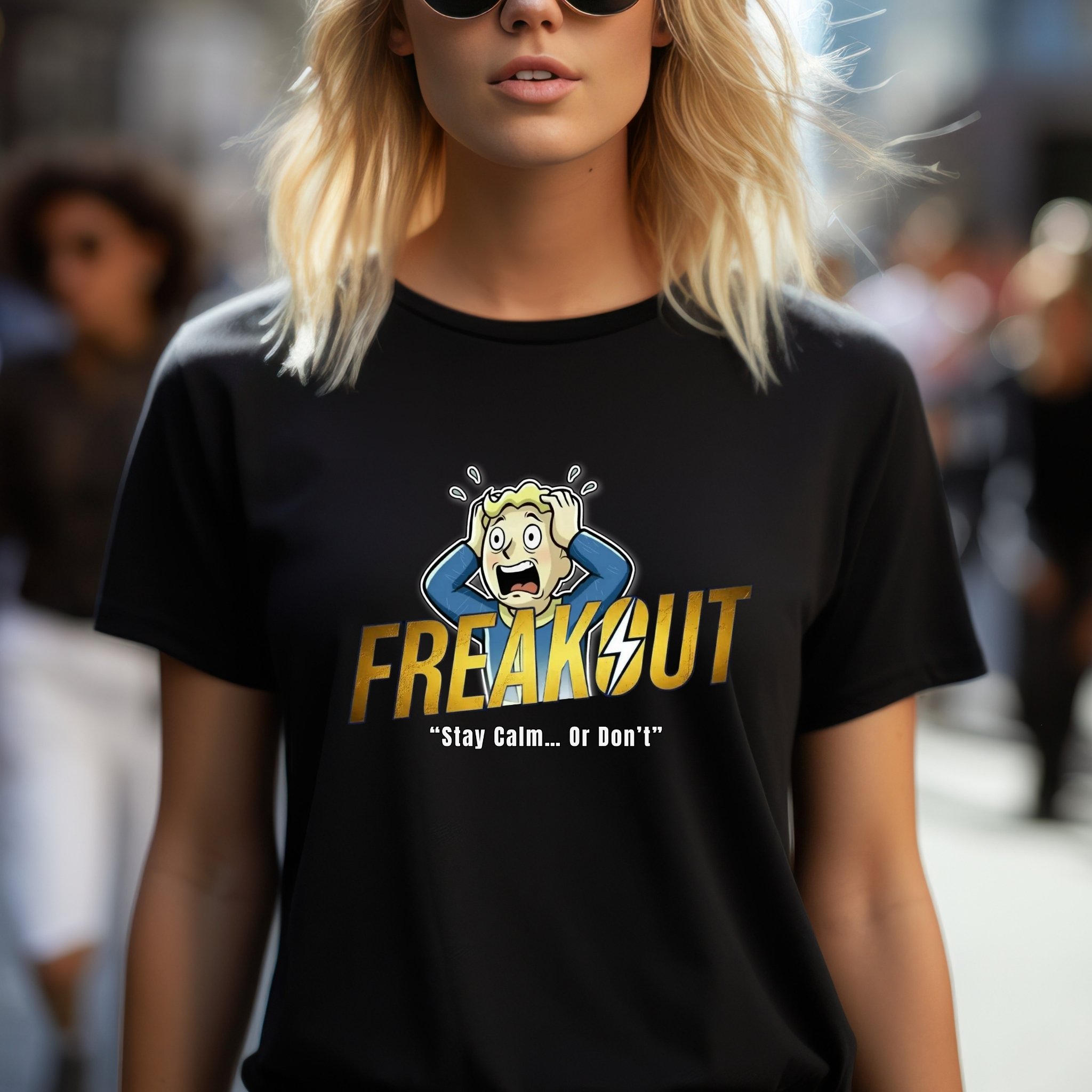 Freakout Fallout Parody T-Shirt Funny Gamer Panic Tee, Vault Boy Inspired Post-Apocalyptic Humor product thumbnail image Freakout Fallout Parody T-Shirt Funny Gamer Panic Tee, Vault Boy Inspired Post-Apocalyptic Humor product thumbnail image