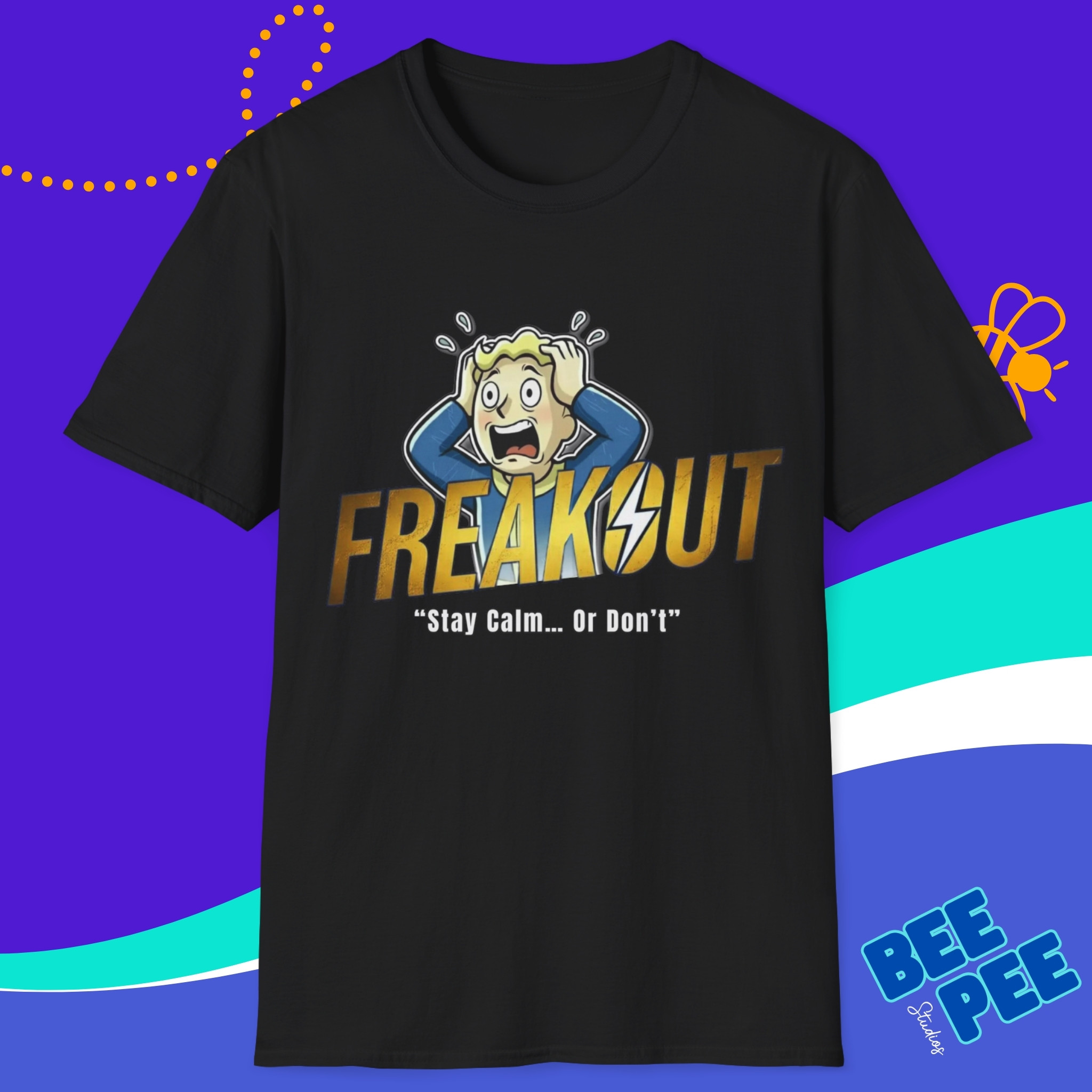 Freakout Fallout Parody T-Shirt Funny Gamer Panic Tee, Vault Boy Inspired Post-Apocalyptic Humor product thumbnail image Freakout Fallout Parody T-Shirt Funny Gamer Panic Tee, Vault Boy Inspired Post-Apocalyptic Humor product thumbnail image