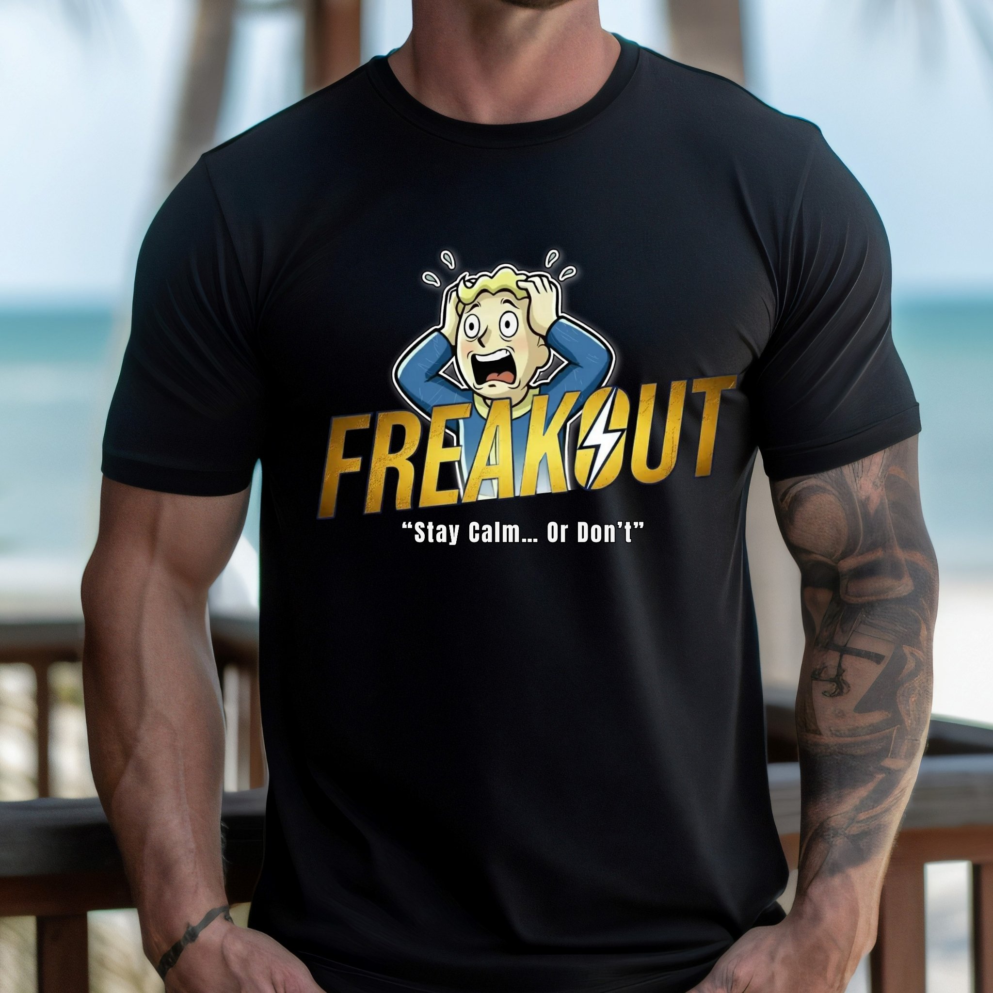 Freakout Fallout Parody T-Shirt Funny Gamer Panic Tee, Vault Boy Inspired Post-Apocalyptic Humor product thumbnail image Freakout Fallout Parody T-Shirt Funny Gamer Panic Tee, Vault Boy Inspired Post-Apocalyptic Humor product thumbnail image