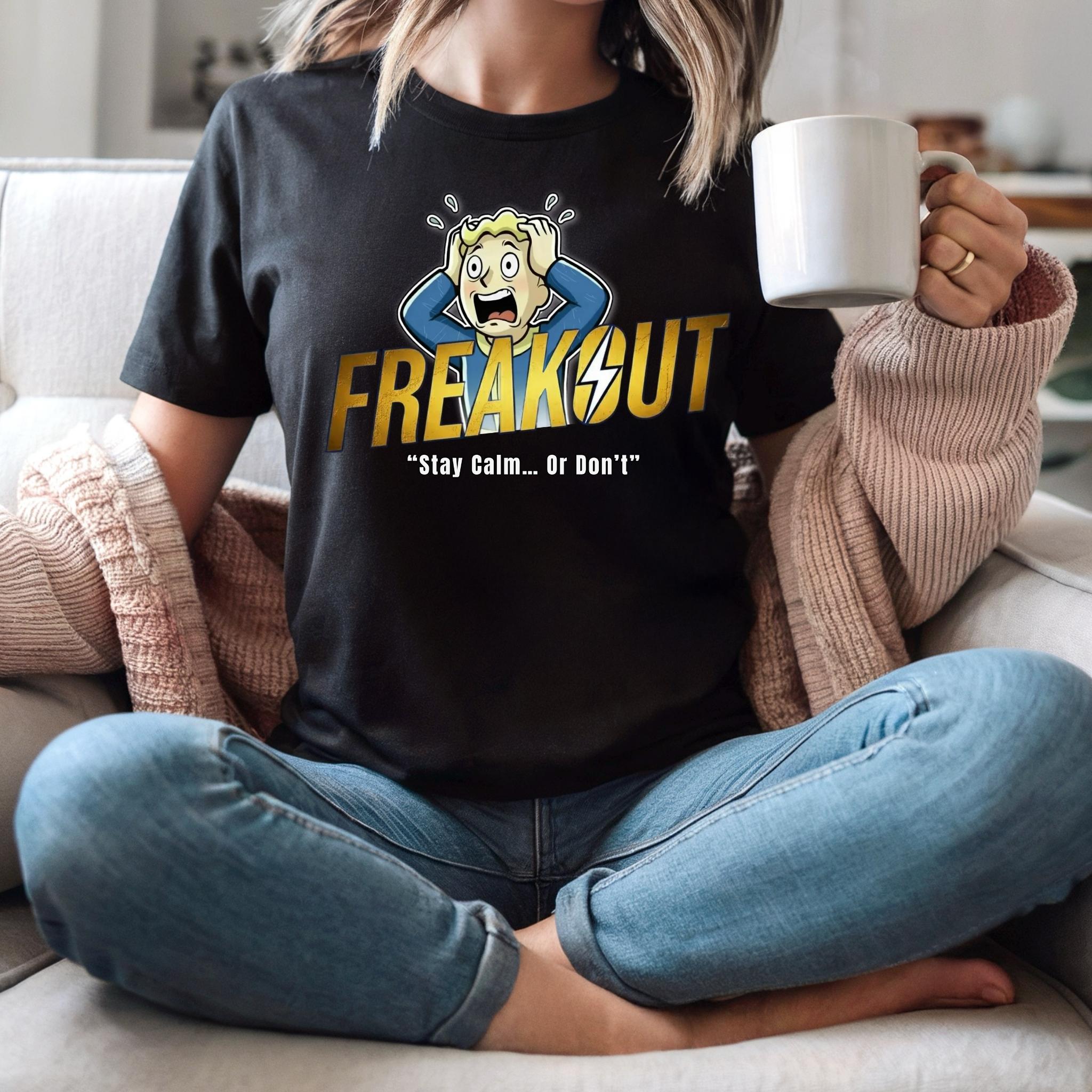 Freakout Fallout Parody T-Shirt Funny Gamer Panic Tee, Vault Boy Inspired Post-Apocalyptic Humor product thumbnail image Freakout Fallout Parody T-Shirt Funny Gamer Panic Tee, Vault Boy Inspired Post-Apocalyptic Humor product thumbnail image