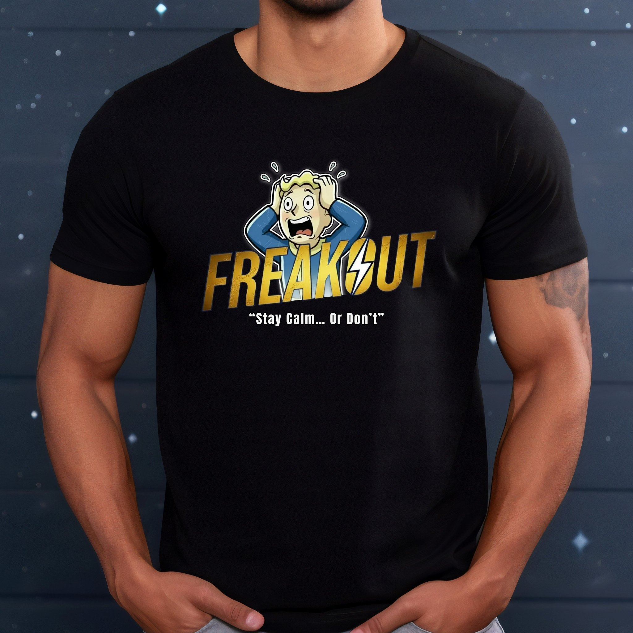 Freakout Fallout Parody T-Shirt Funny Gamer Panic Tee, Vault Boy Inspired Post-Apocalyptic Humor product thumbnail image Freakout Fallout Parody T-Shirt Funny Gamer Panic Tee, Vault Boy Inspired Post-Apocalyptic Humor product thumbnail image
