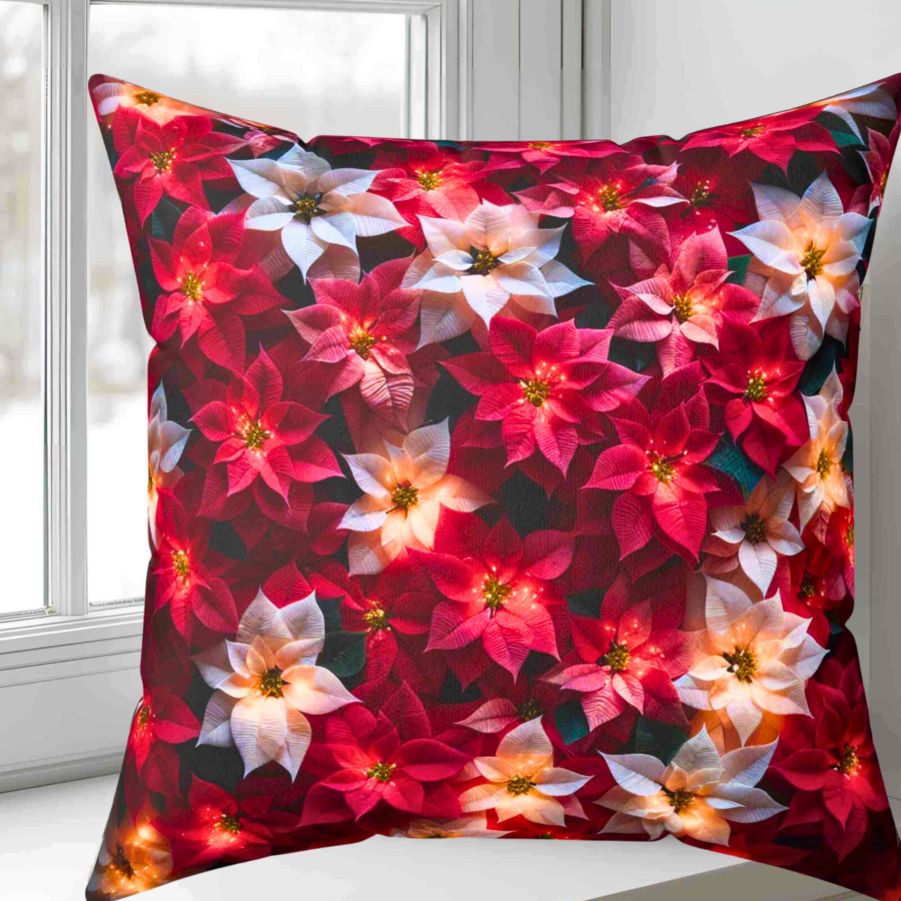 Poinsettias Floral Throw Pillow - Cozy Home Decor, Couch Cushion, Christmas Gift, Decorative Pillow, Flower Accent Pillow product thumbnail image