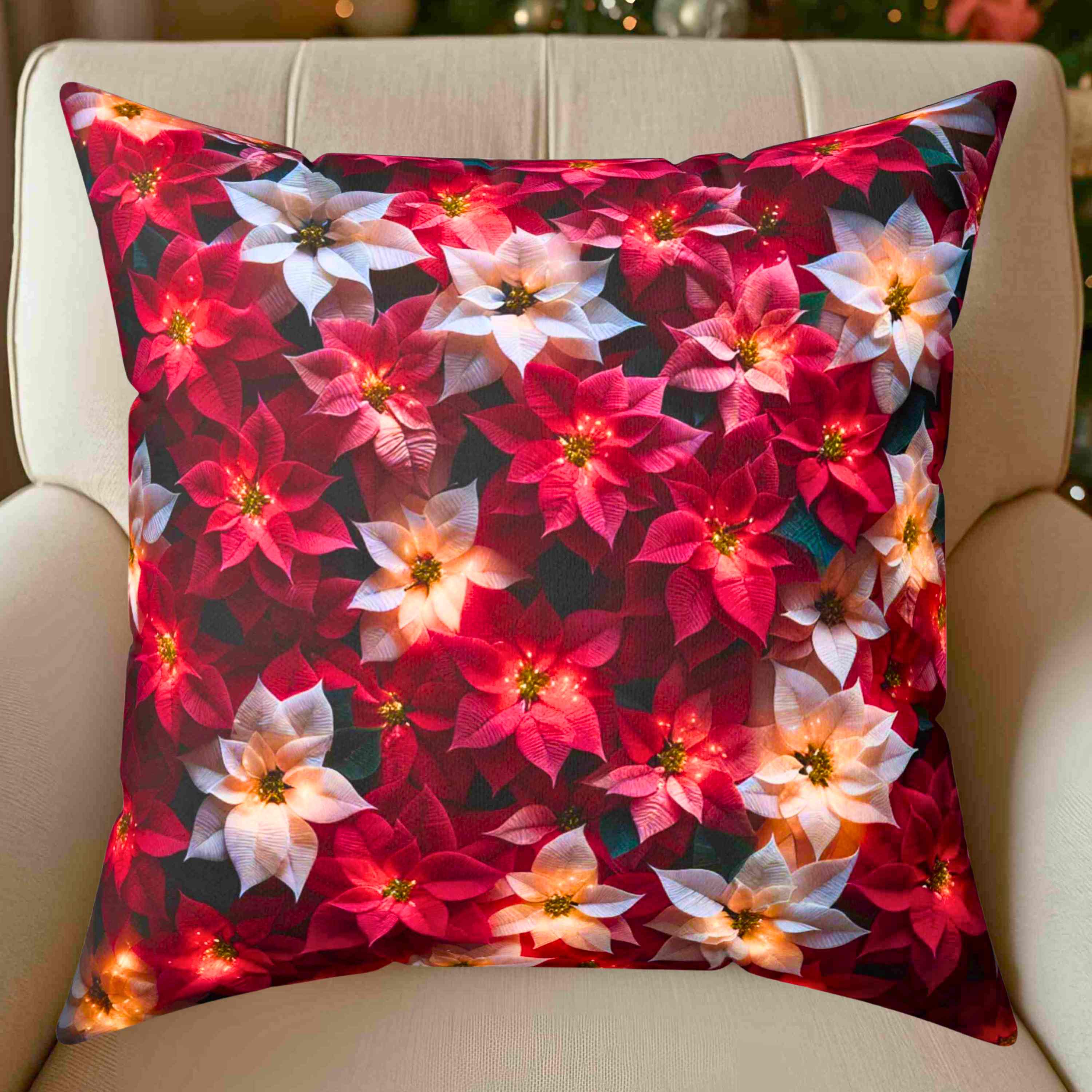 Poinsettias Floral Throw Pillow - Cozy Home Decor, Couch Cushion, Christmas Gift, Decorative Pillow, Flower Accent Pillow product thumbnail image