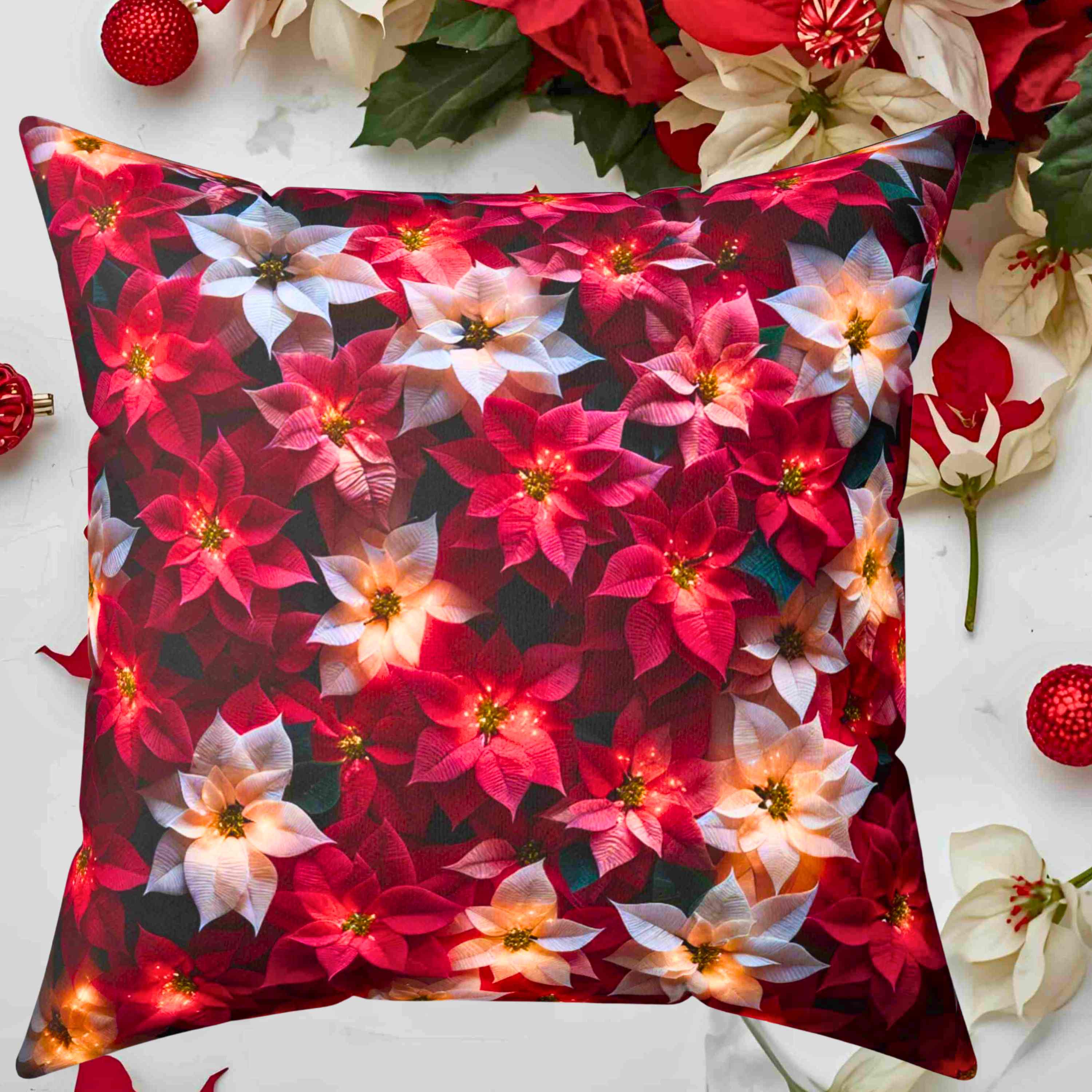 Poinsettias Floral Throw Pillow - Cozy Home Decor, Couch Cushion, Christmas Gift, Decorative Pillow, Flower Accent Pillow product thumbnail image