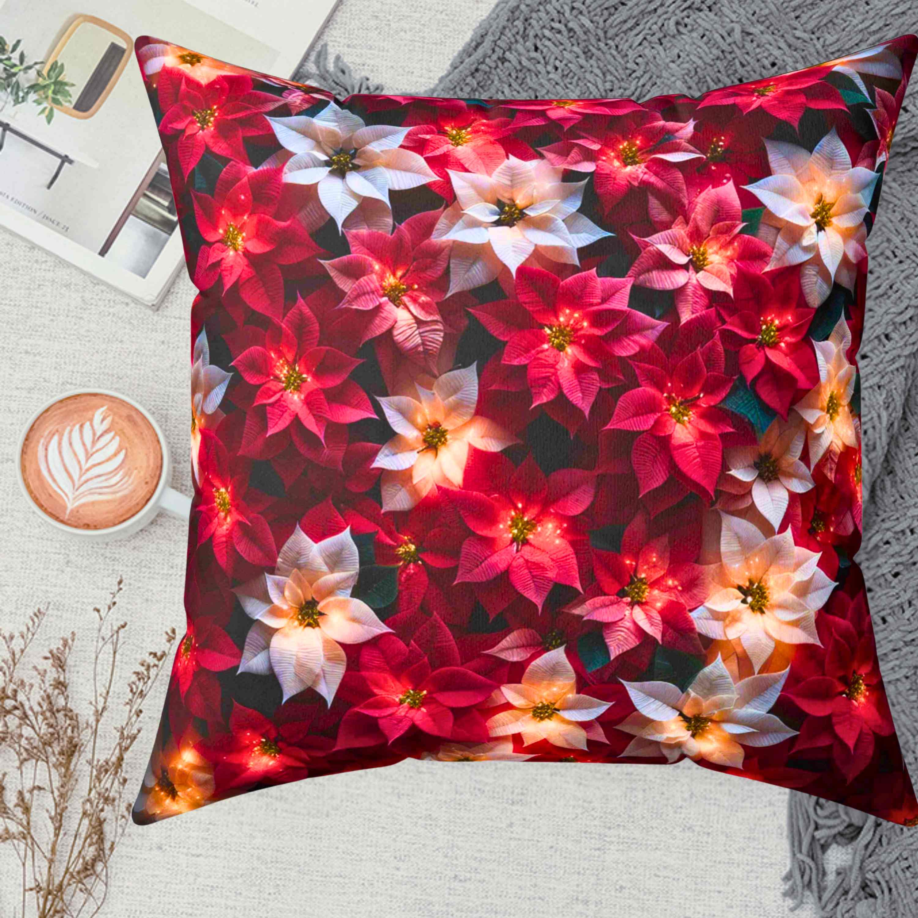 Poinsettias Floral Throw Pillow - Cozy Home Decor, Couch Cushion, Christmas Gift, Decorative Pillow, Flower Accent Pillow product thumbnail image