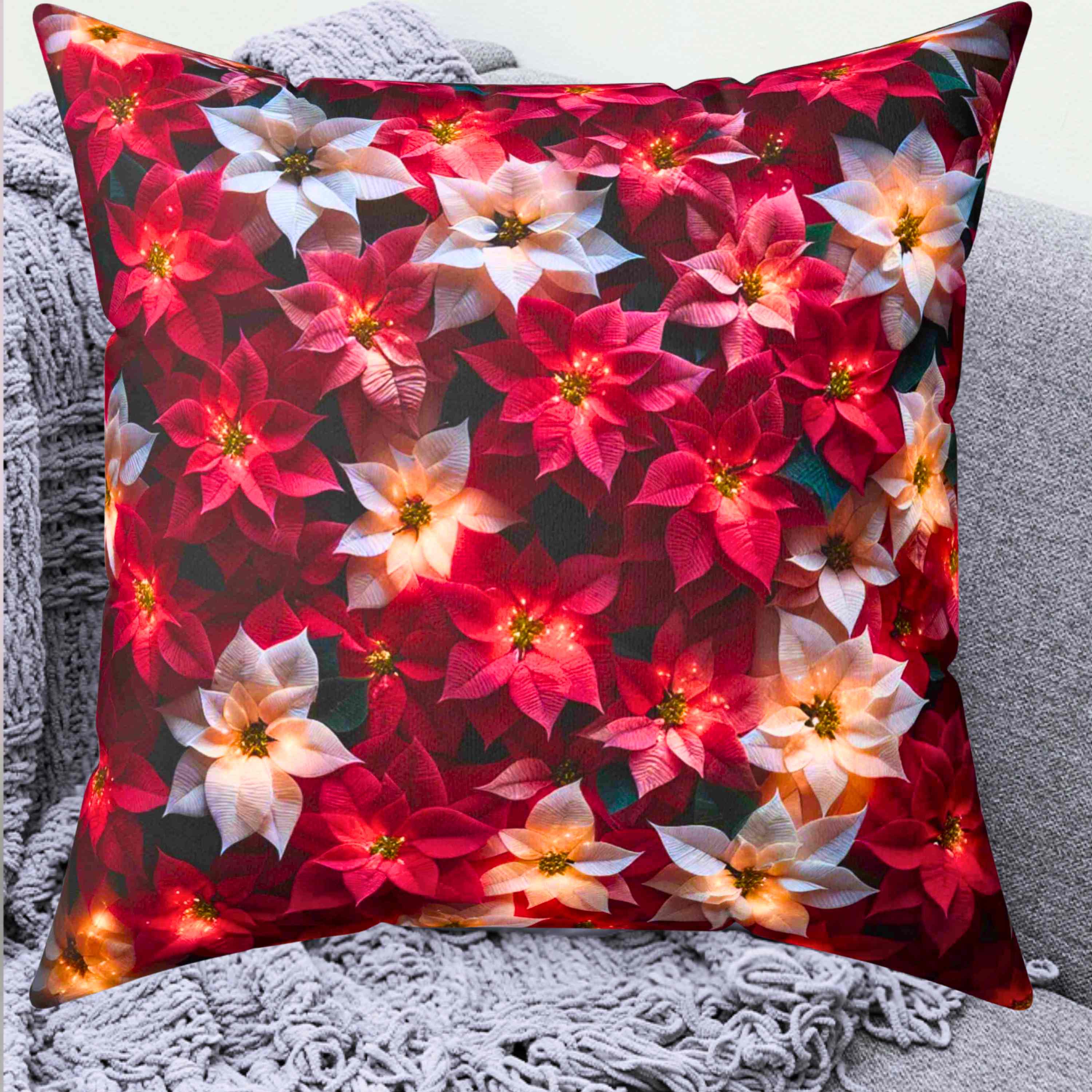 Poinsettias Floral Throw Pillow - Cozy Home Decor, Couch Cushion, Christmas Gift, Decorative Pillow, Flower Accent Pillow product thumbnail image