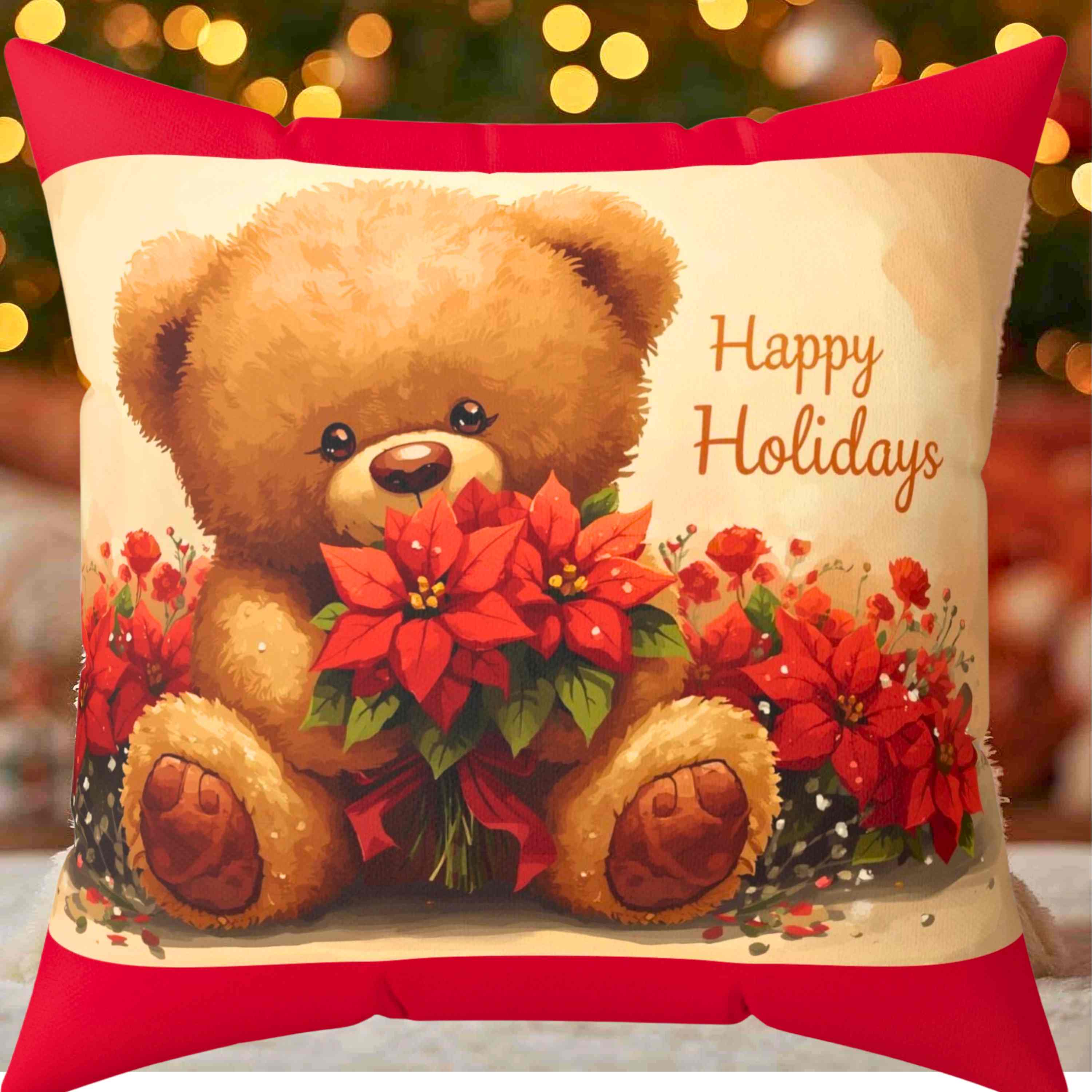 Happy Holidays Teddy Bear Pillow surrounded with poinsettias, Gift for new Baby, Marraige or Home, Perfect Couch Cushion. product thumbnail image Happy Holidays Teddy Bear Pillow surrounded with poinsettias, Gift for new Baby, Marraige or Home, Perfect Couch Cushion. product thumbnail image