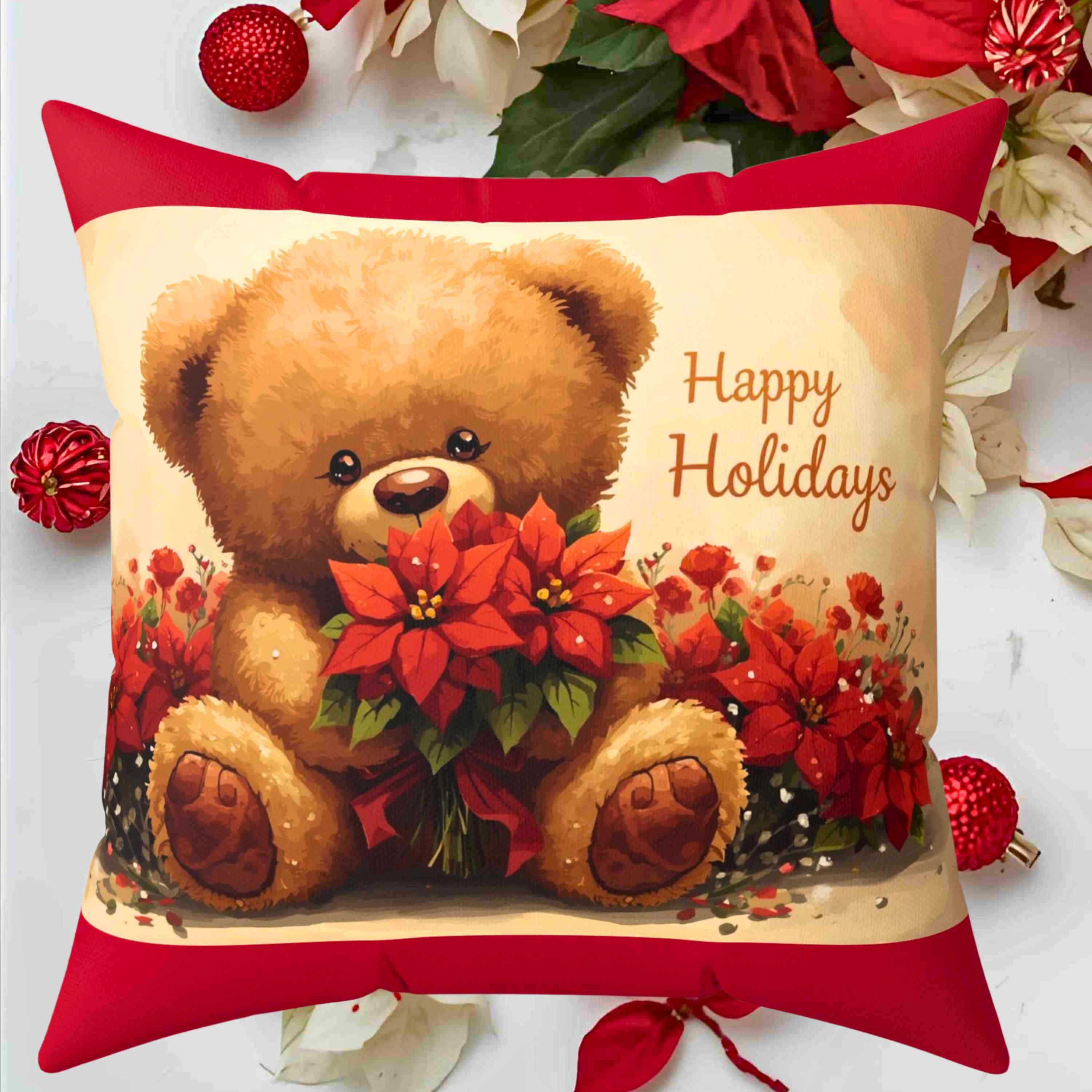 Happy Holidays Teddy Bear Pillow surrounded with poinsettias, Gift for new Baby, Marraige or Home, Perfect Couch Cushion. product thumbnail image Happy Holidays Teddy Bear Pillow surrounded with poinsettias, Gift for new Baby, Marraige or Home, Perfect Couch Cushion. product thumbnail image