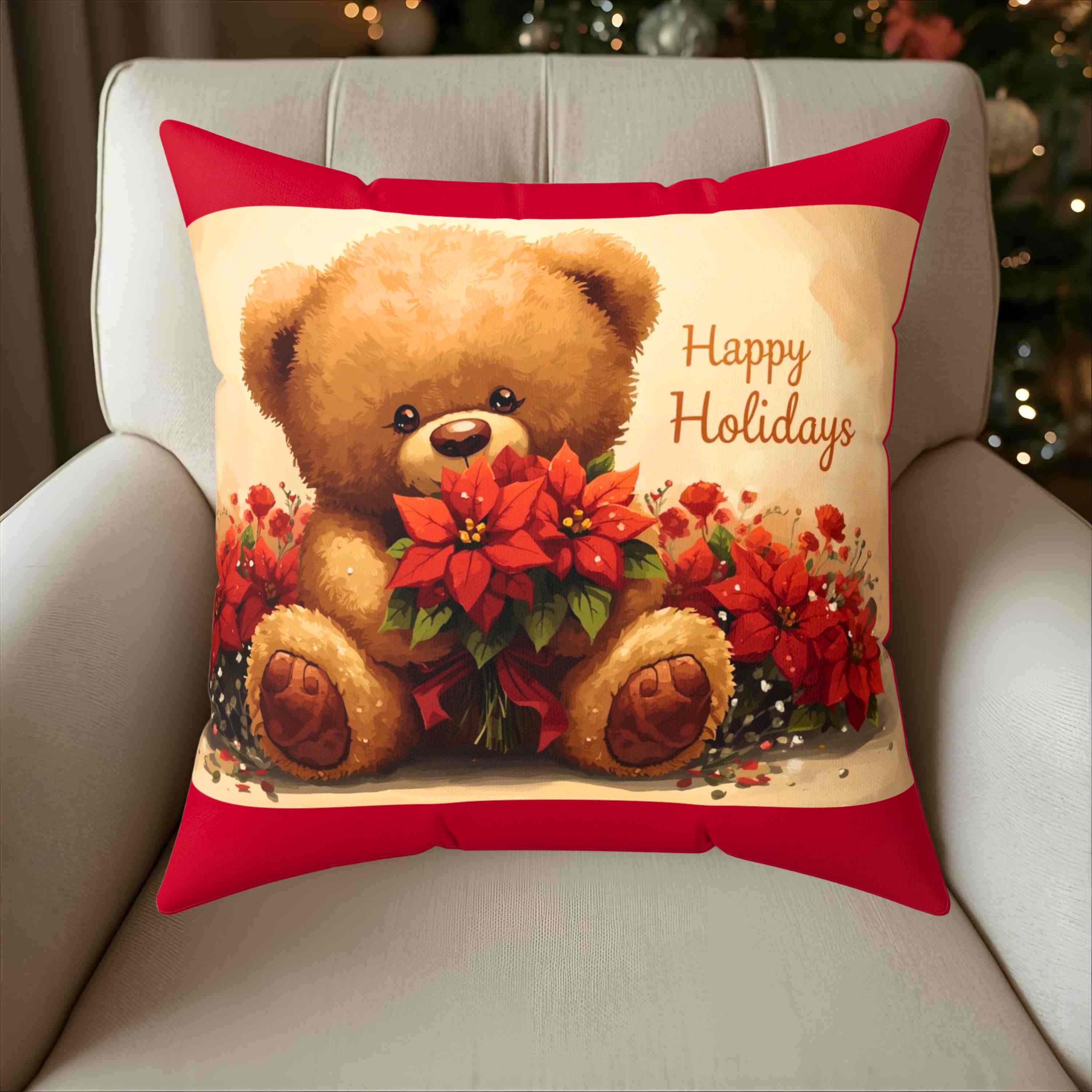 Happy Holidays Teddy Bear Pillow surrounded with poinsettias, Gift for new Baby, Marraige or Home, Perfect Couch Cushion. product thumbnail image