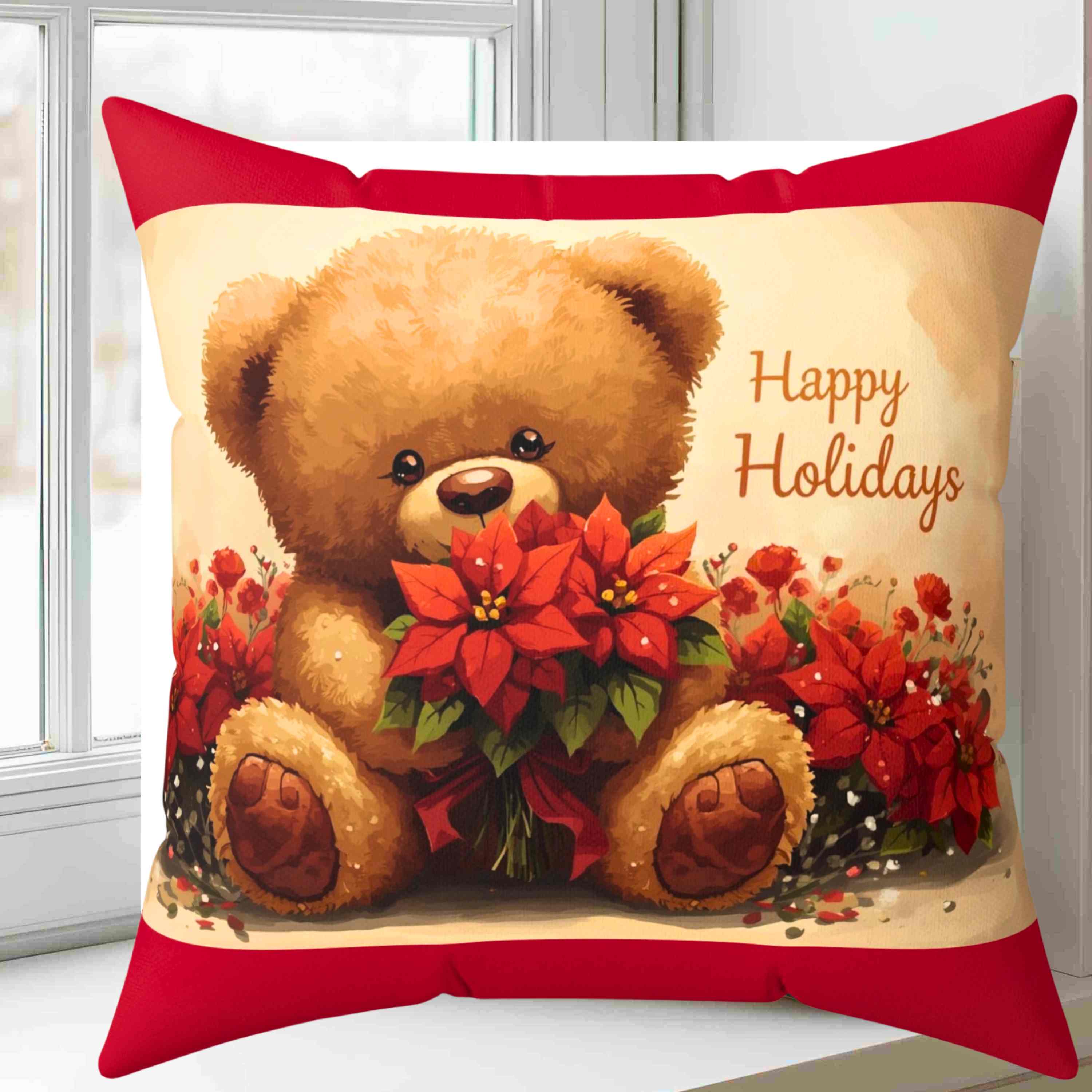 Happy Holidays Teddy Bear Pillow surrounded with poinsettias, Gift for new Baby, Marraige or Home, Perfect Couch Cushion. product thumbnail image