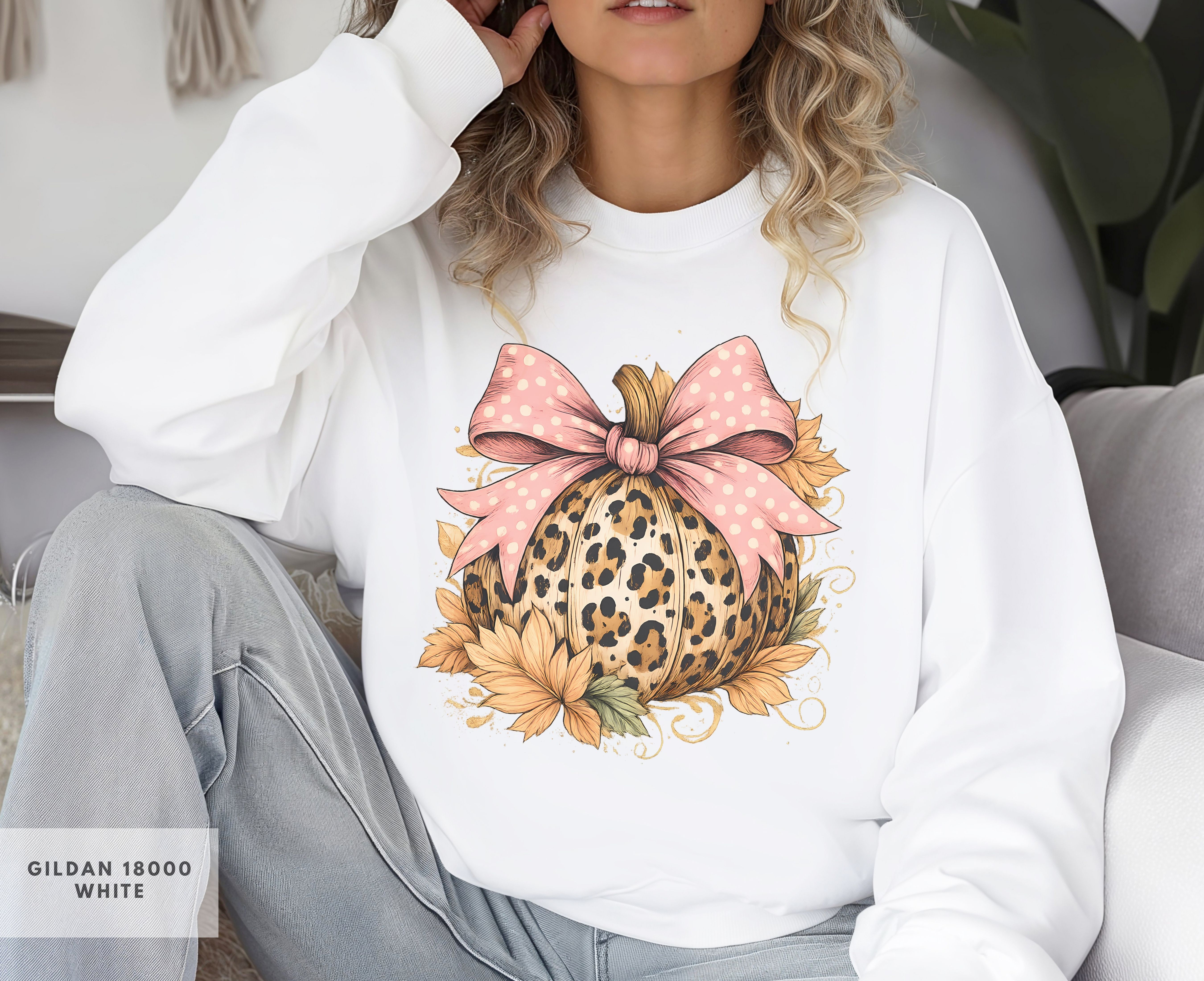 Leopard Pumpkin Sweatshirt, Cozy Fall Pullover, Boho Fall Apparel, Thanksgiving Gift, Autumn Casual Wear, Gift for Her, Pink Coquette Bow product thumbnail image