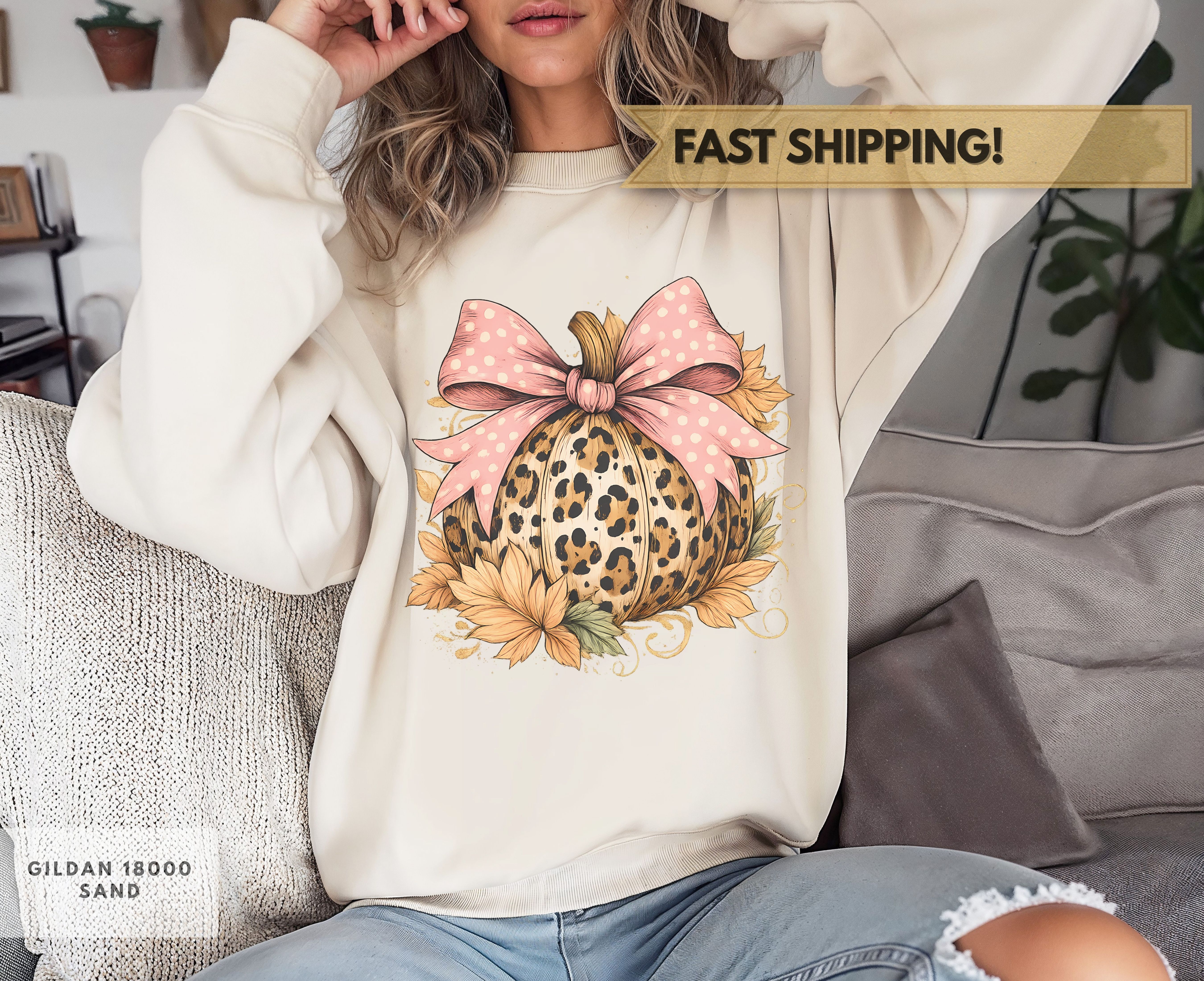 Leopard Pumpkin Sweatshirt, Cozy Fall Pullover, Boho Fall Apparel, Thanksgiving Gift, Autumn Casual Wear, Gift for Her, Pink Coquette Bow product thumbnail image