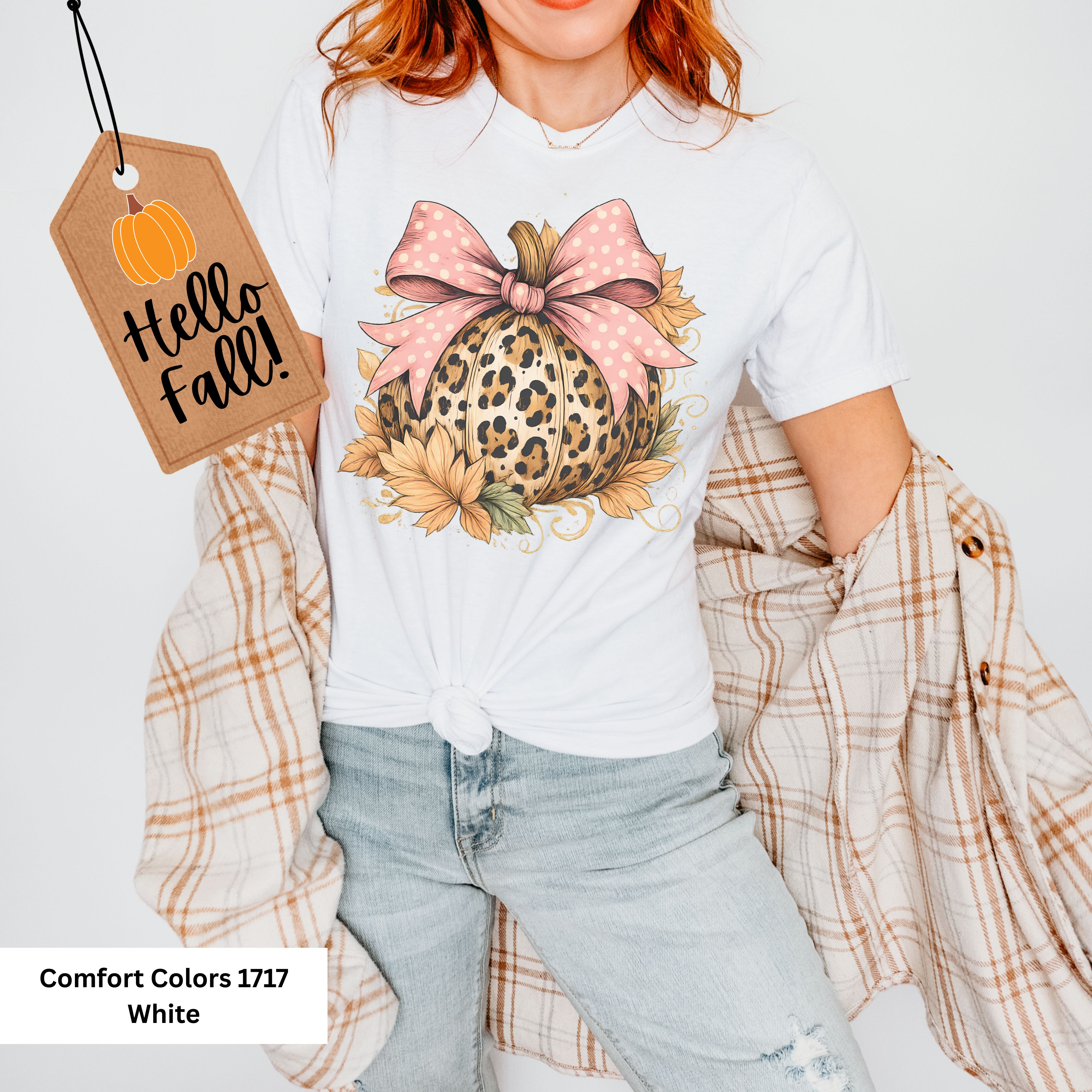 Boho Leopard and Bow  Comfort Colors T-shirt, Cute Animal Print Pumpkin with Pink Polka Dot Bow, Trendy patterened Halloween Graphic Tee Shirt