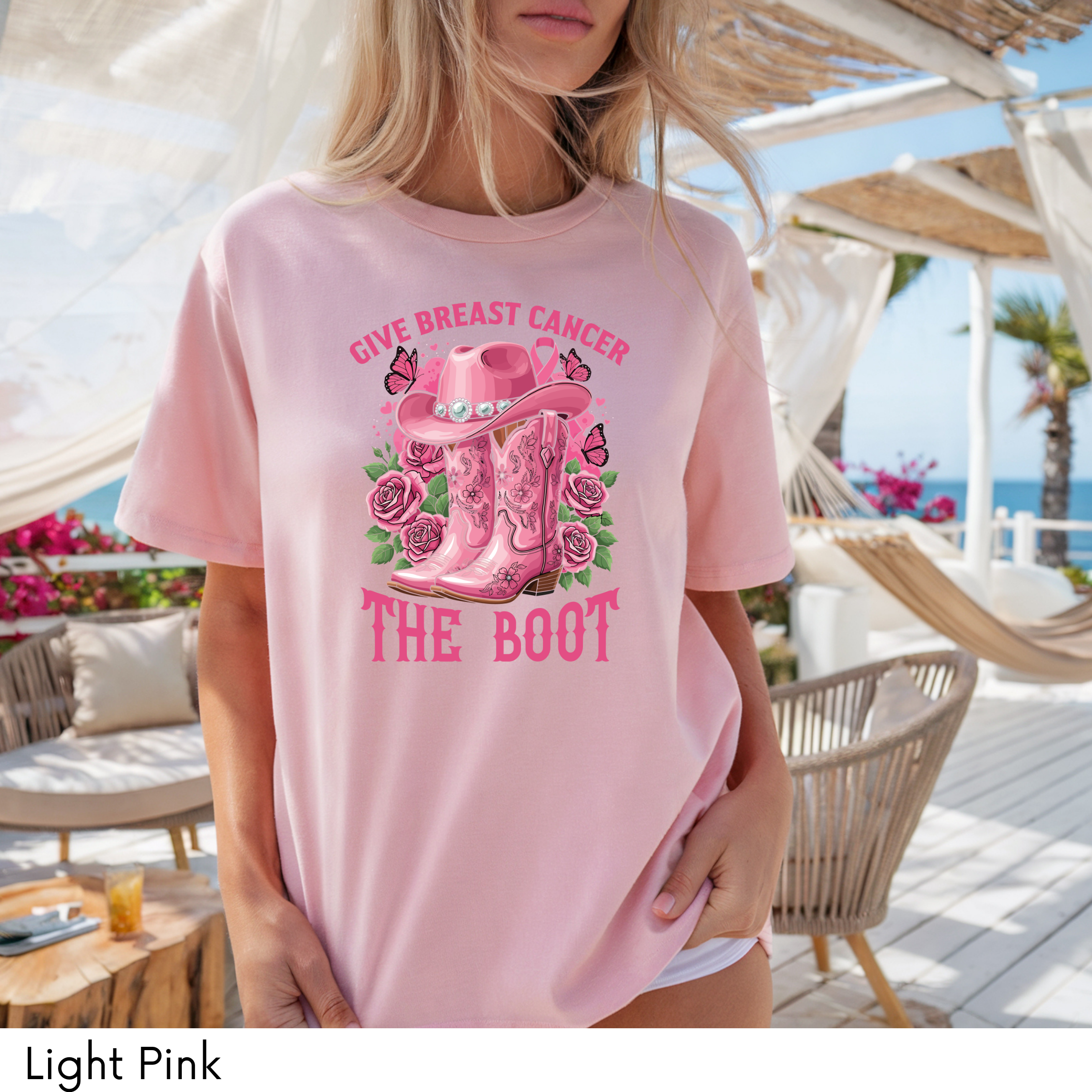 Give Breast Cancer The Boot Unisex Heavy Cotton Tee product thumbnail image Give Breast Cancer The Boot Unisex Heavy Cotton Tee product thumbnail image