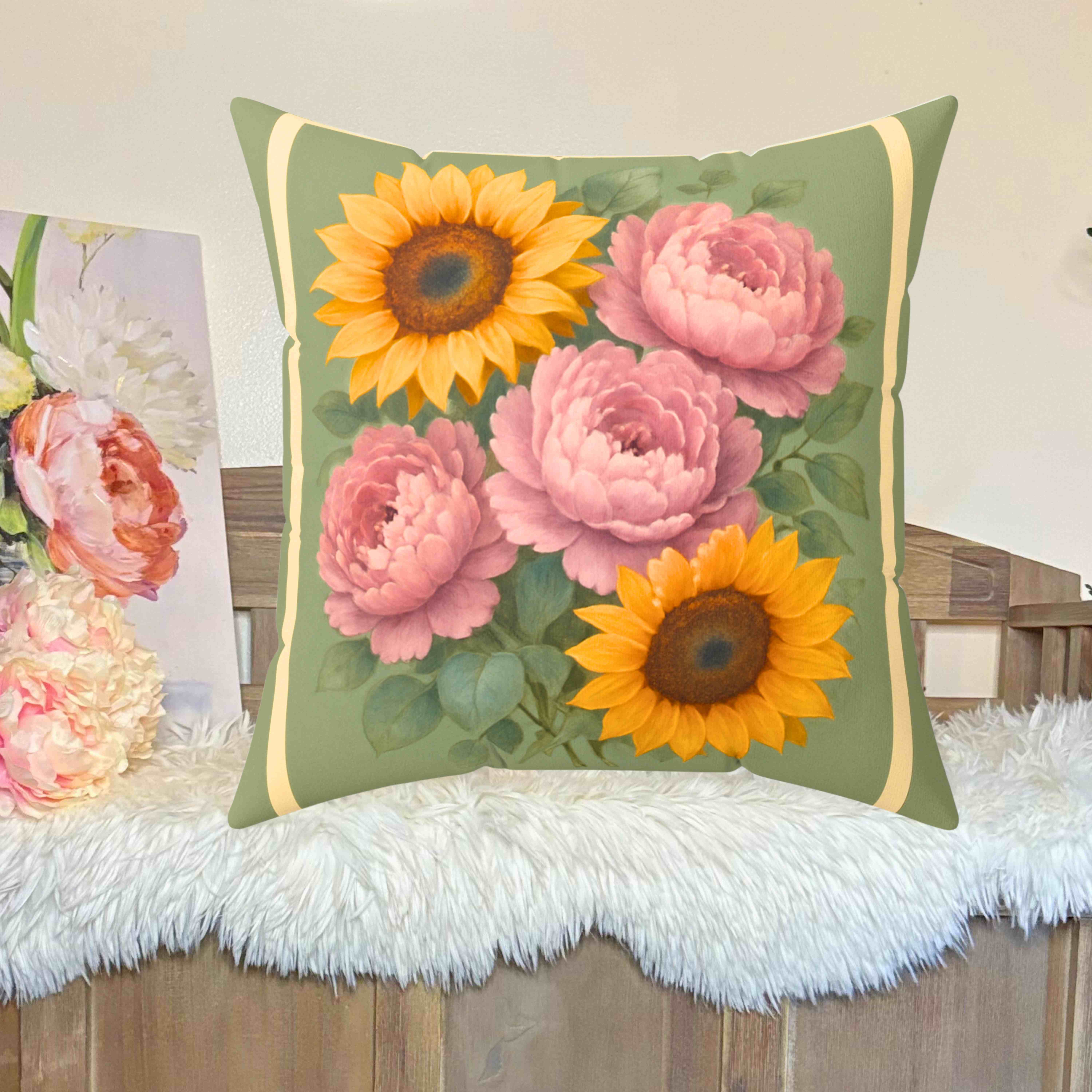 Soft Green Peony &amp; Sunflower Throw Pillow with Insert – Pale Pink Peonies Double-Sided Romantic Cottage Farmhouse Floral Cushion product thumbnail image